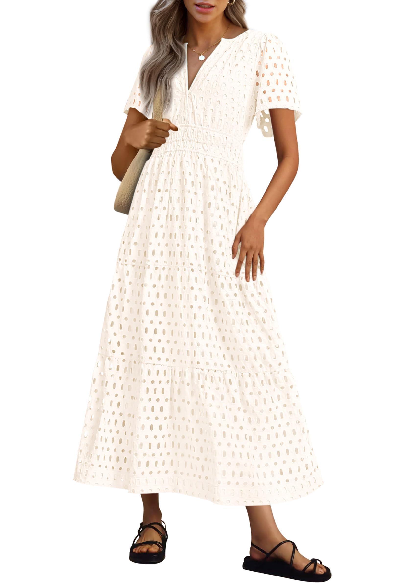 Vestido Largo Prettygarden 2025 Con Ojales Para Verano, Cuello En V, Blanco, Xs - Venta Internacional.