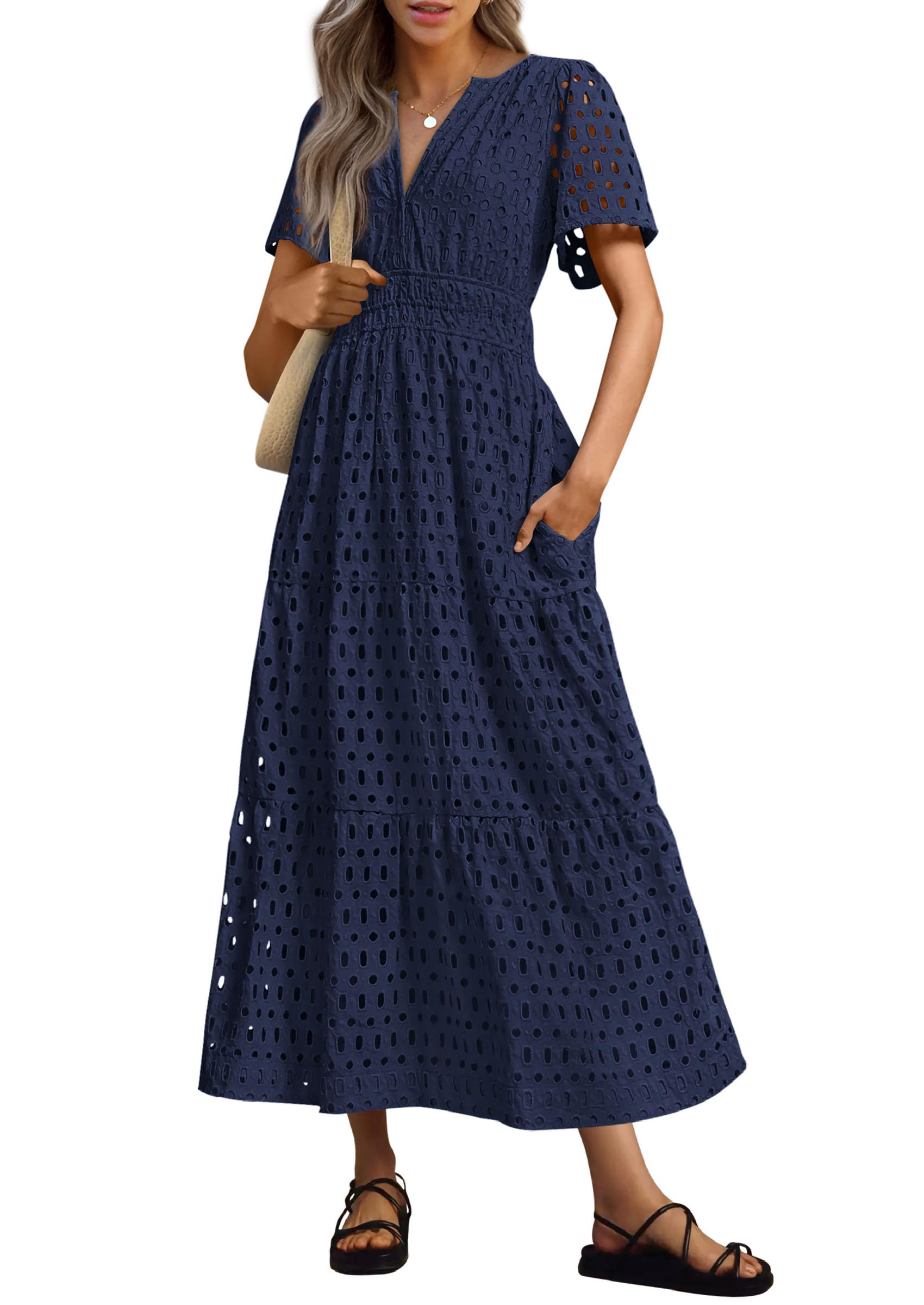 Vestido Largo Prettygarden Para Mujer, Verano 2025, Cuello En V, Ojales, Azul Marino - Venta Internacional.