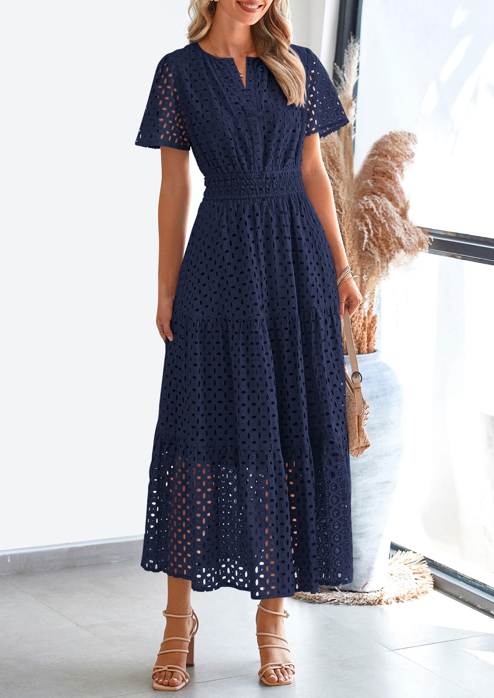 Foto 4 | Vestido Largo Prettygarden Para Mujer, Verano 2025, Cuello En V, Ojales, Azul Marino - Venta Internacional.