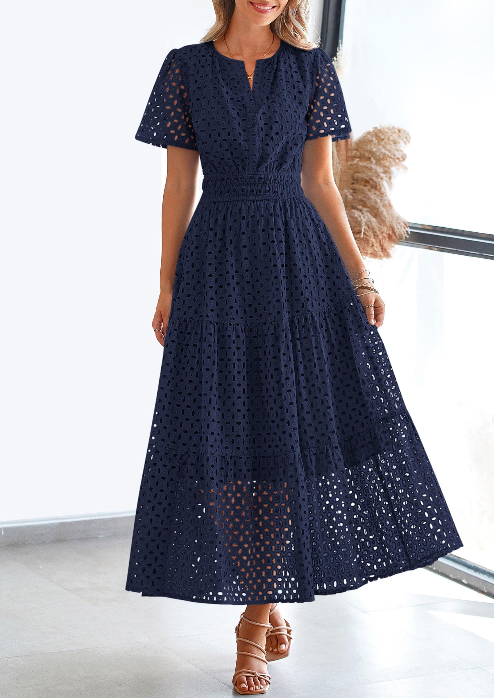 Foto 5 | Vestido Largo Prettygarden Para Mujer, Verano 2025, Cuello En V, Ojales, Azul Marino - Venta Internacional.