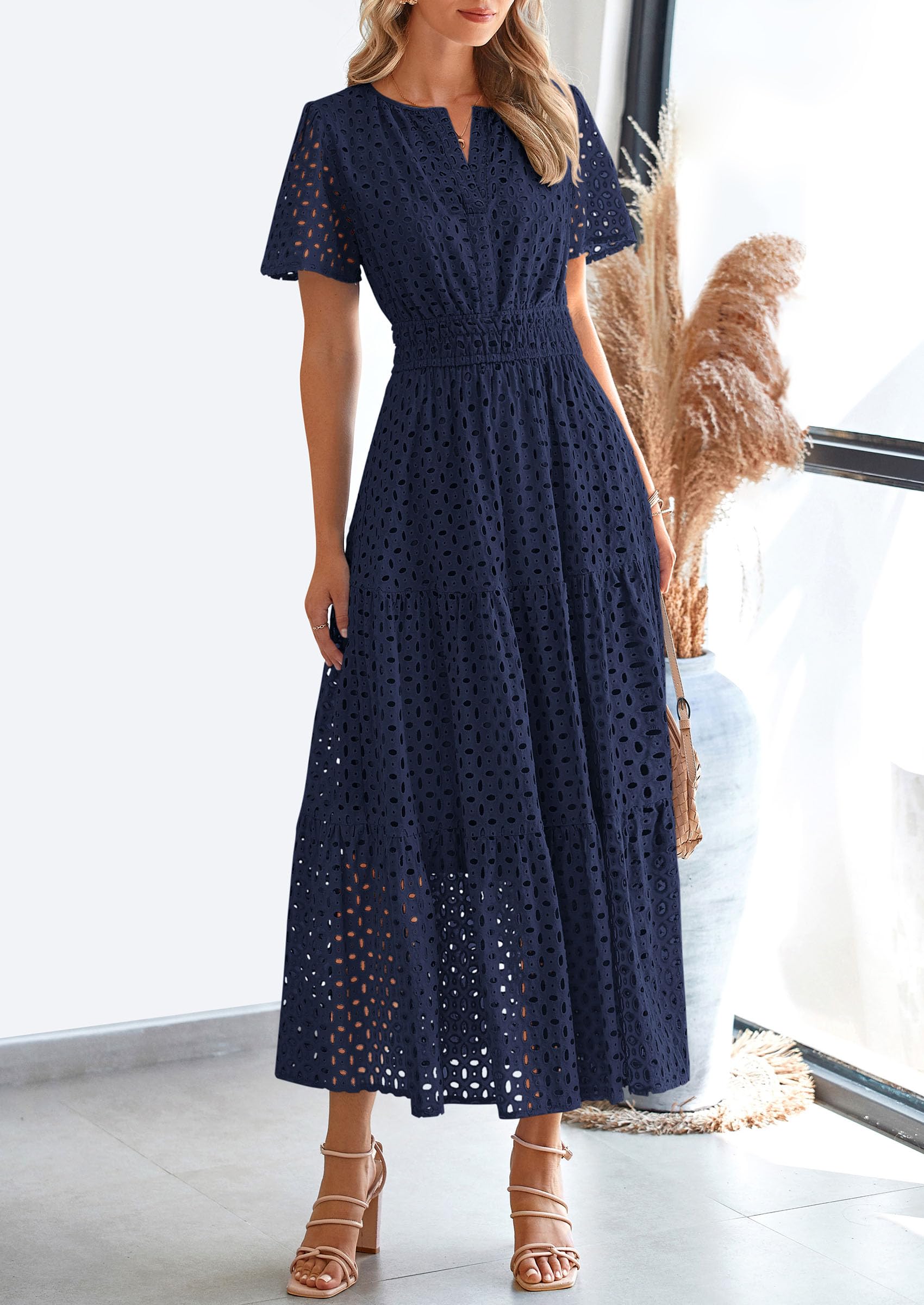 Foto 7 | Vestido Largo Prettygarden Para Mujer, Verano 2025, Cuello En V, Ojales, Azul Marino - Venta Internacional.