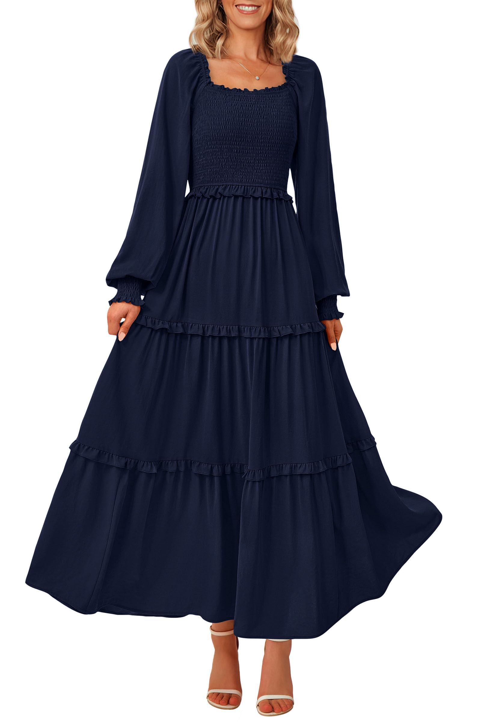 Vestido Largo Prettygarden Para Mujer, Estampado Primaveral, Azul Marino - Venta Internacional.