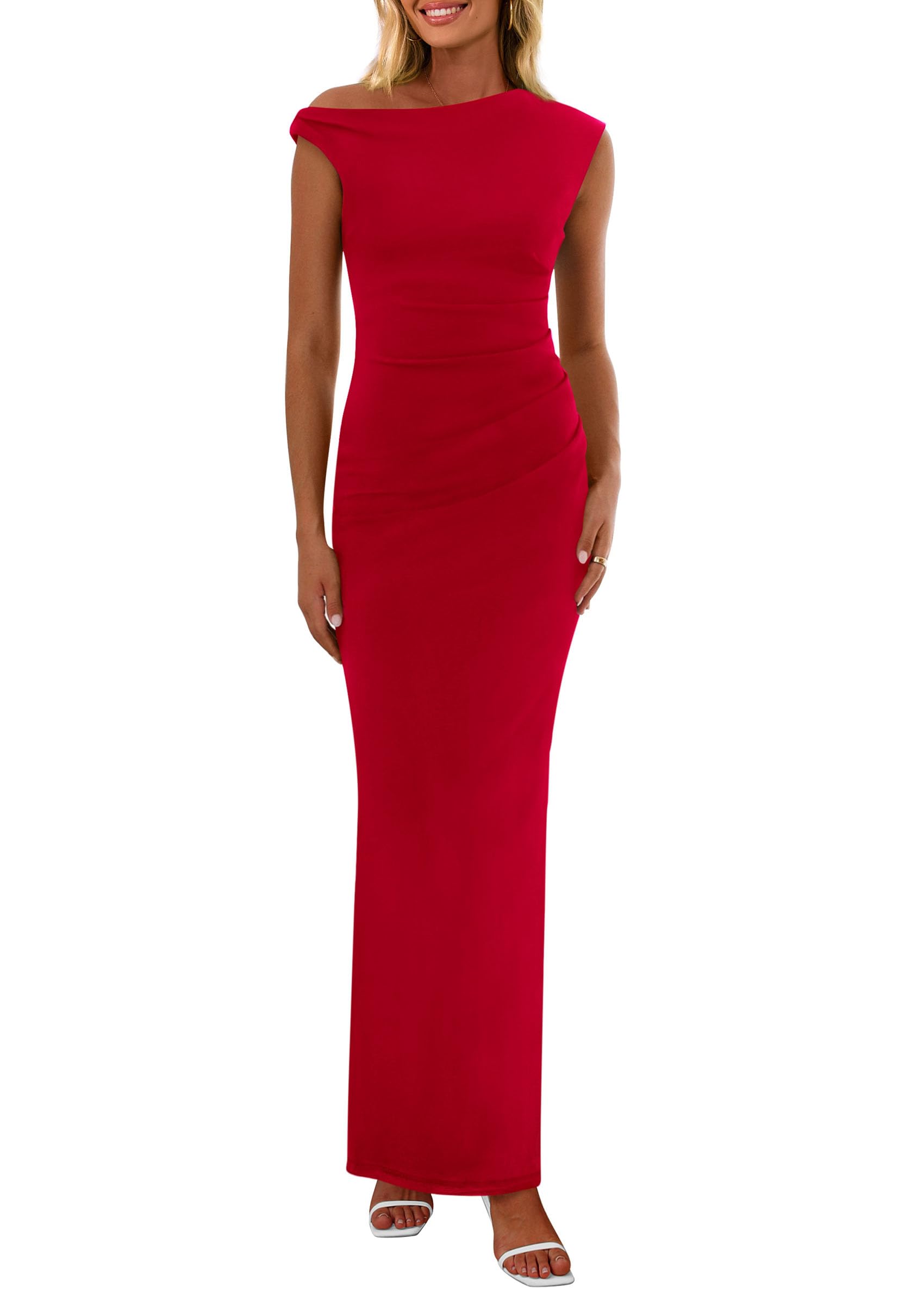 Foto 2 pulgar | Vestido Largo Prettygarden Para Mujer, Verano 2025, Con Un Solo Hombro, Rojo - Venta Internacional.