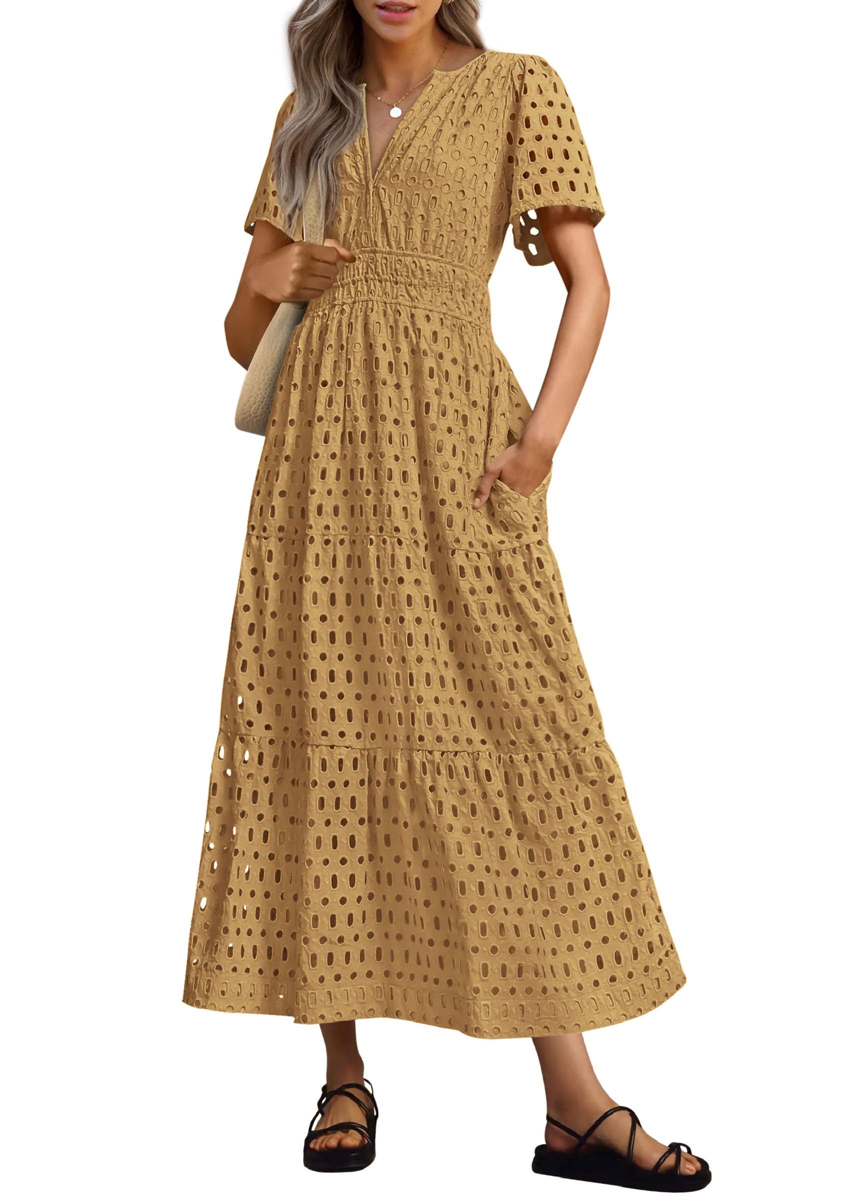 Vestido Largo Prettygarden 2025 De Verano Con Cuello En V Y Ojales Para Mujer - Venta Internacional.