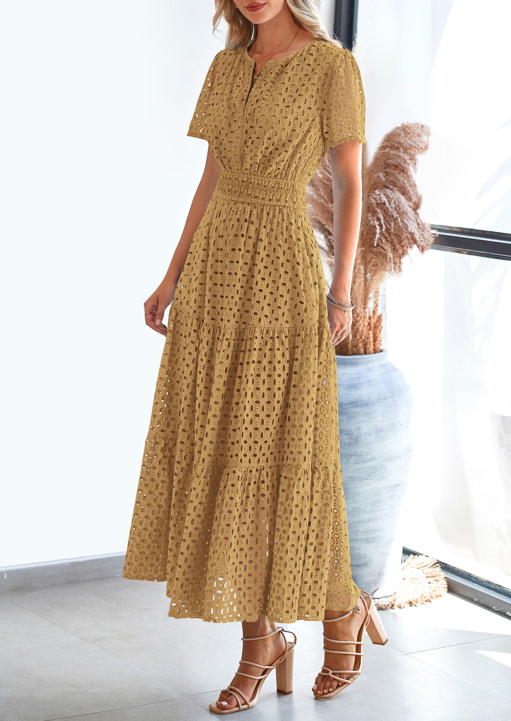 Foto 4 pulgar | Vestido Largo Prettygarden 2025 De Verano Con Cuello En V Y Ojales Para Mujer - Venta Internacional.