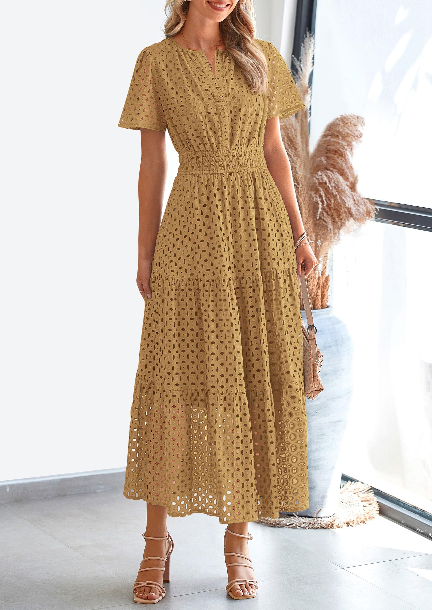 Foto 5 pulgar | Vestido Largo Prettygarden 2025 De Verano Con Cuello En V Y Ojales Para Mujer - Venta Internacional.
