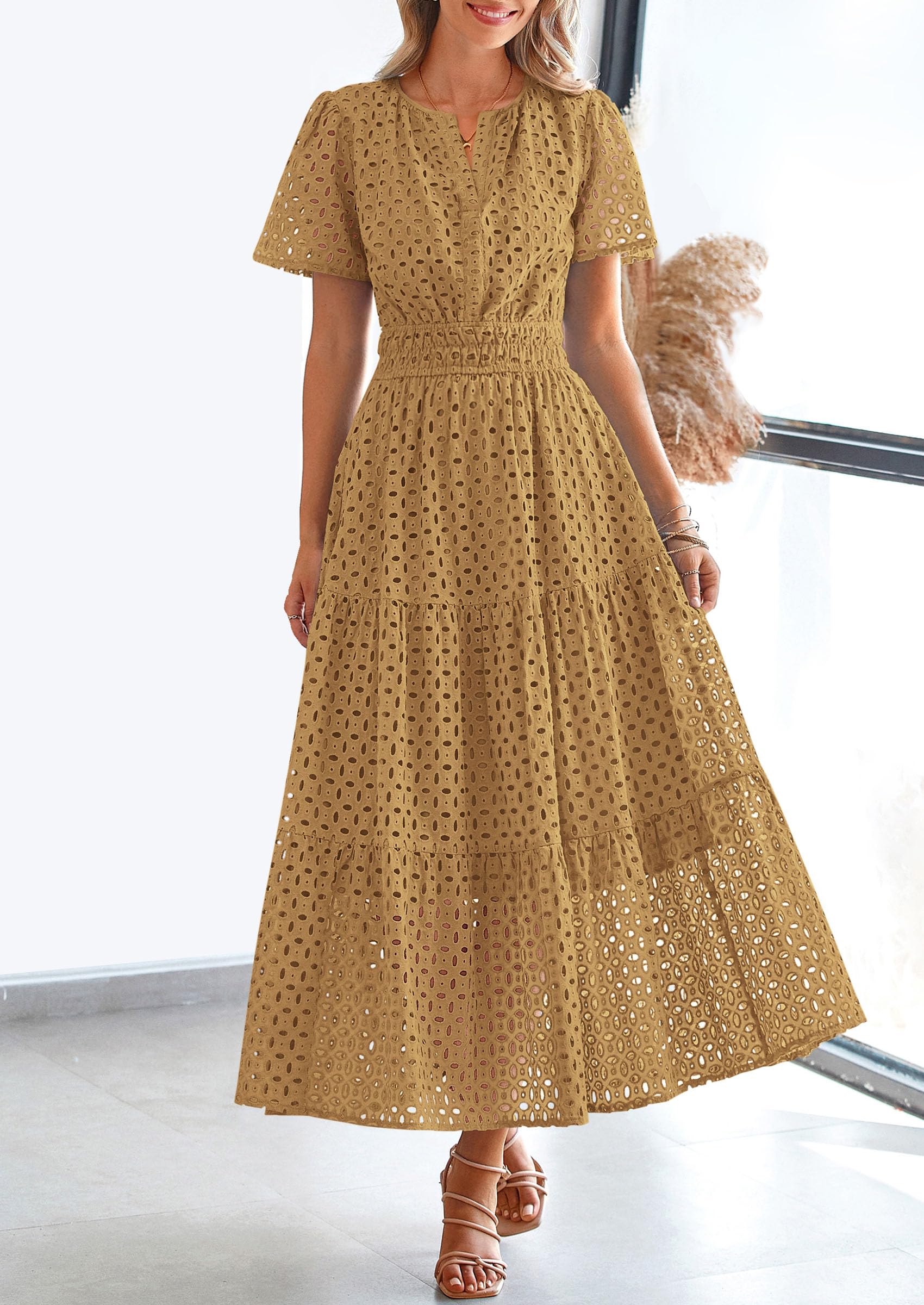 Foto 5 | Vestido Largo Prettygarden 2025 De Verano Con Cuello En V Y Ojales Para Mujer - Venta Internacional.