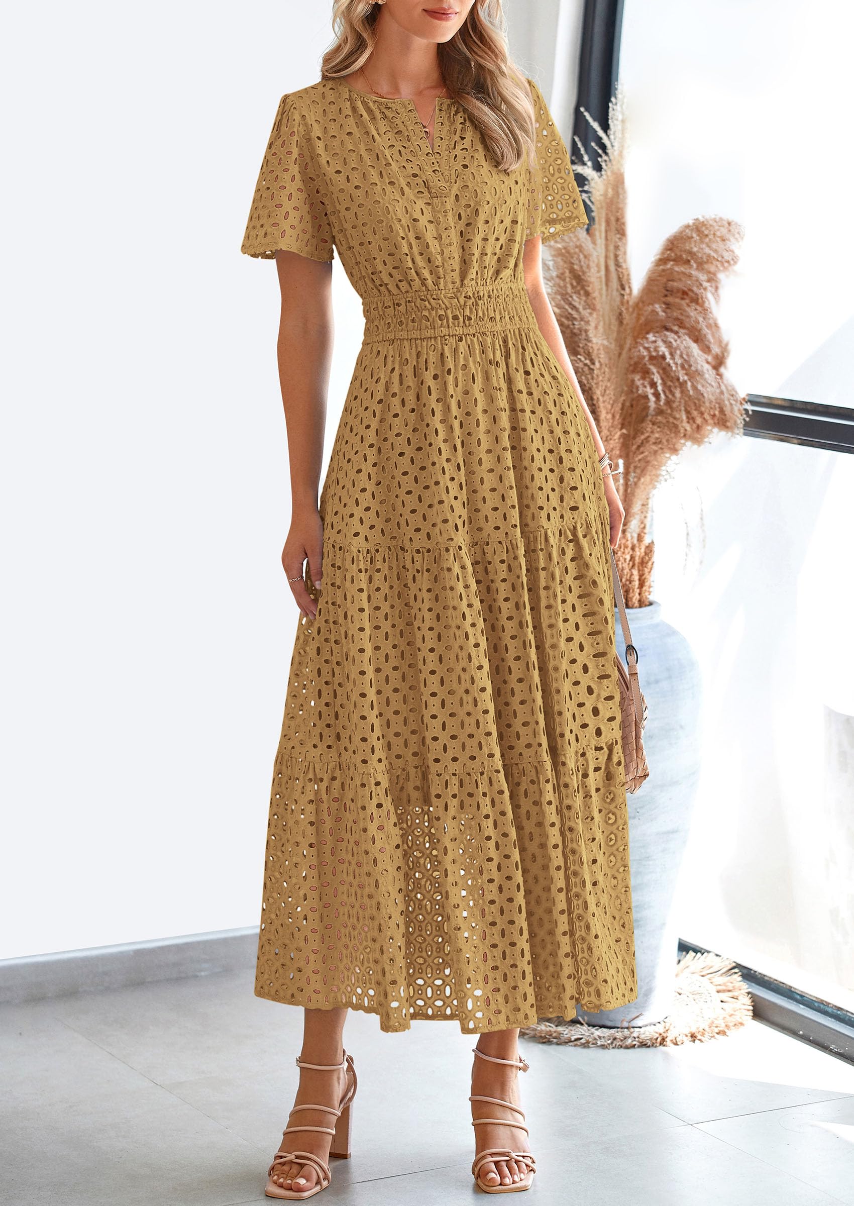 Foto 7 | Vestido Largo Prettygarden 2025 De Verano Con Cuello En V Y Ojales Para Mujer - Venta Internacional.