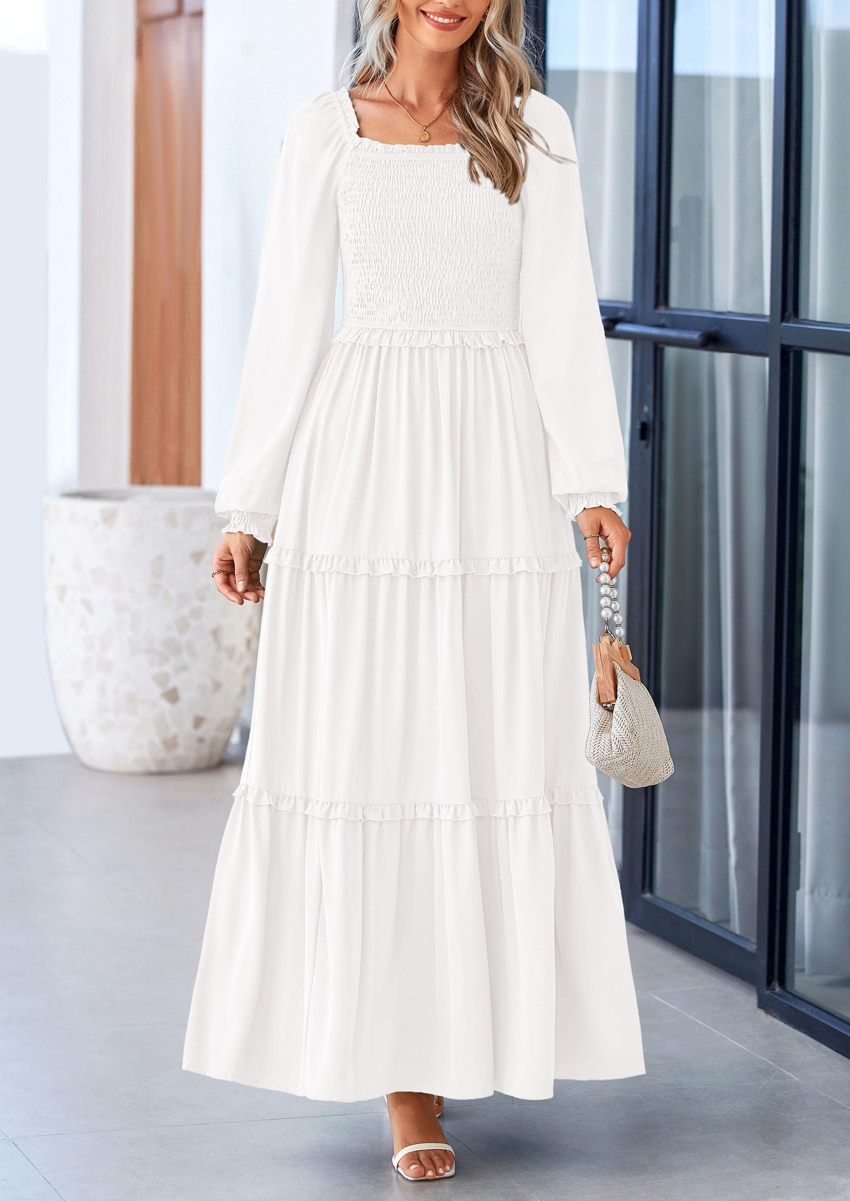 Foto 4 pulgar | Vestido Largo Prettygarden Para Mujer, Estampado Primaveral, Blanco, Talla Pequeña - Venta Internacional.