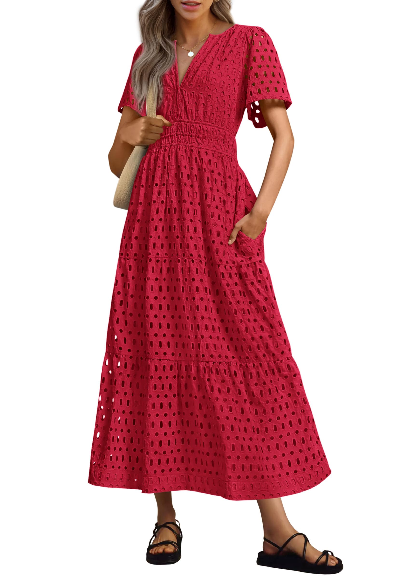 Foto 1 | Vestido Largo Prettygarden 2025 Para Mujer Con Cuello En V Y Manga Corta - Venta Internacional.
