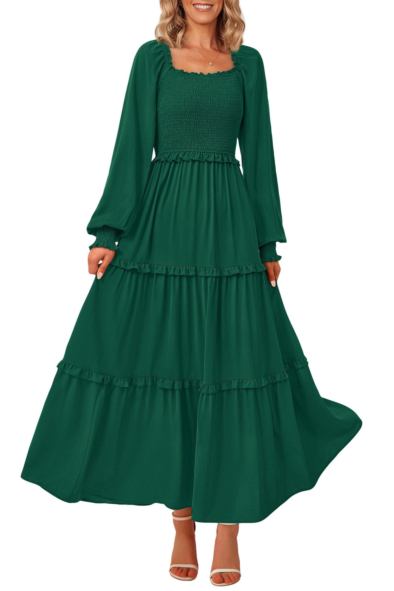 Vestido Largo Prettygarden Para Mujer, Estampado Primaveral, Verde Oscuro - Venta Internacional.