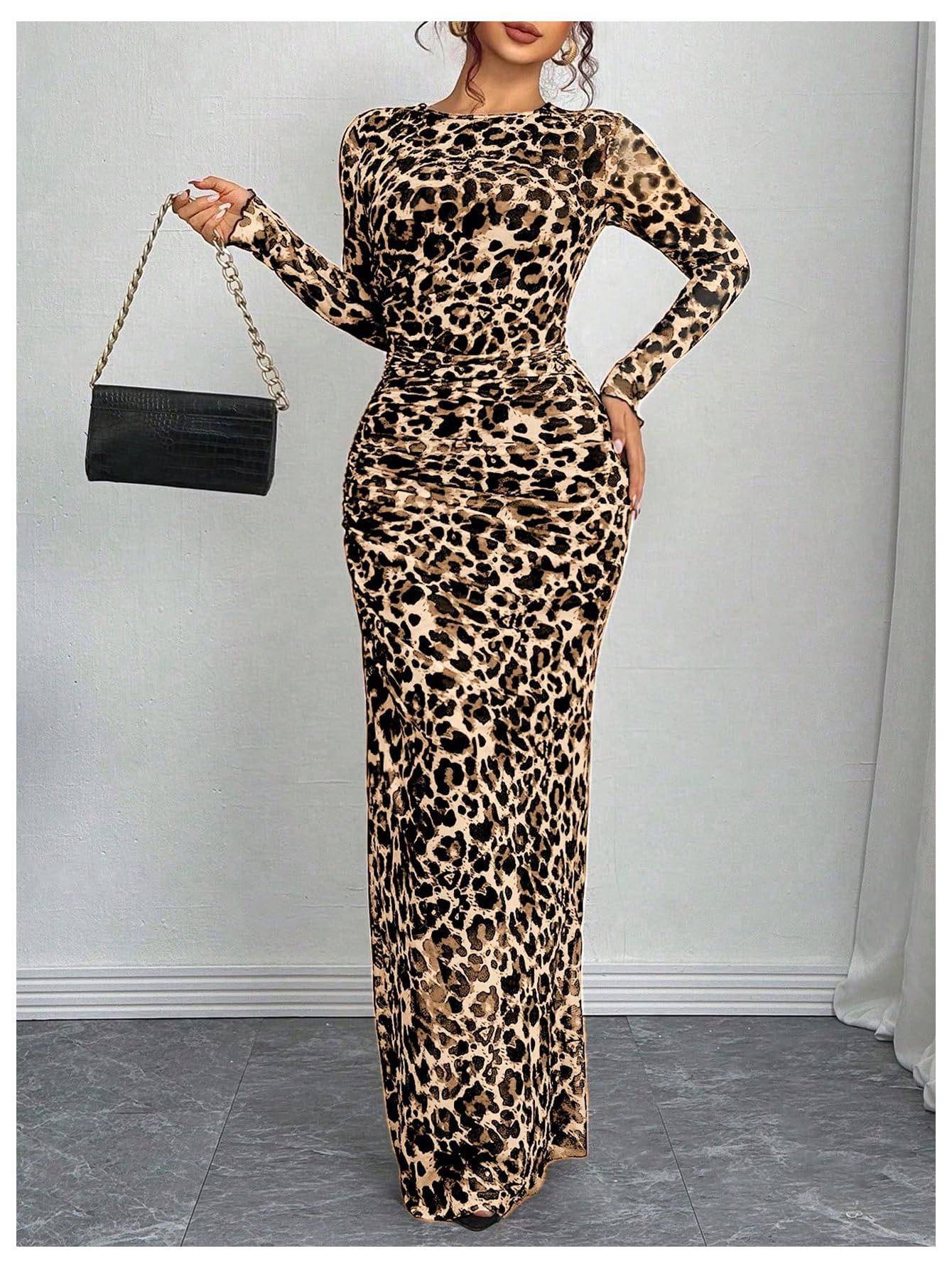 Foto 4 pulgar | Vestido Largo De Manga Larga Fruncido Con Estampado De Guepardo Verdusa Para Mujer - Venta Internacional.