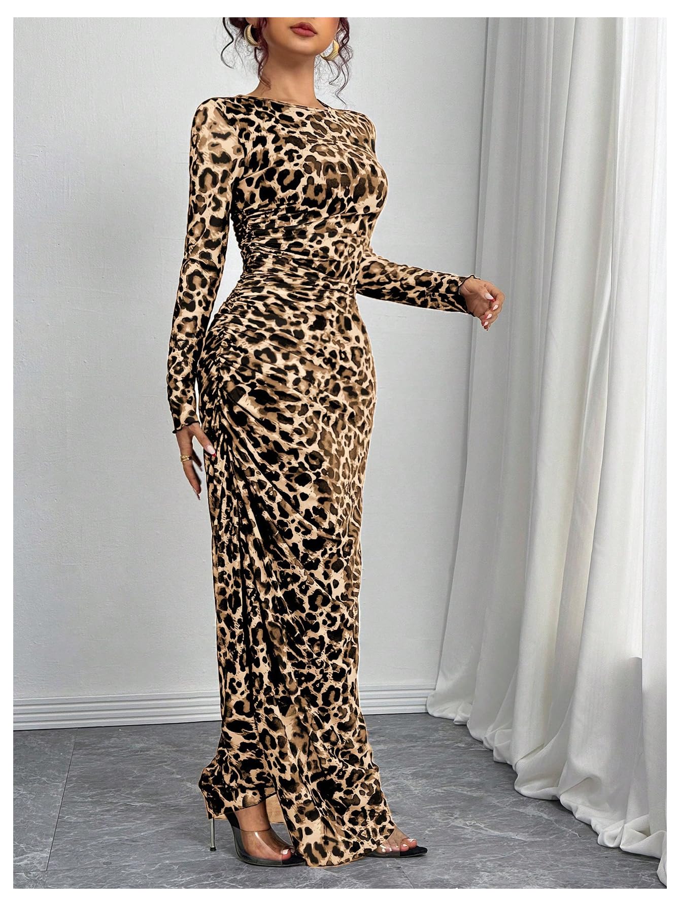 Foto 5 pulgar | Vestido Largo De Manga Larga Fruncido Con Estampado De Guepardo Verdusa Para Mujer - Venta Internacional.