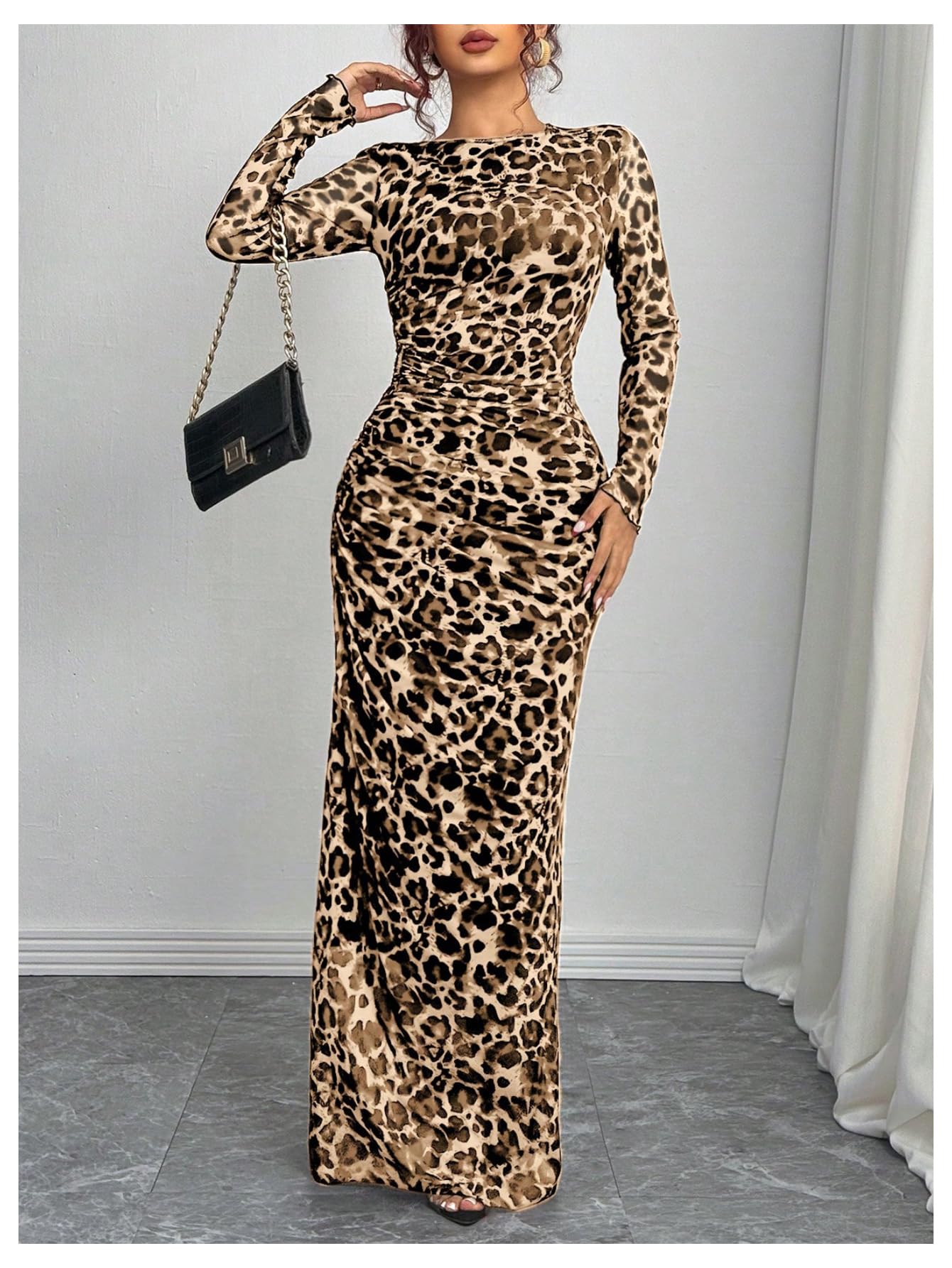 Foto 5 | Vestido Largo De Manga Larga Fruncido Con Estampado De Guepardo Verdusa Para Mujer - Venta Internacional.