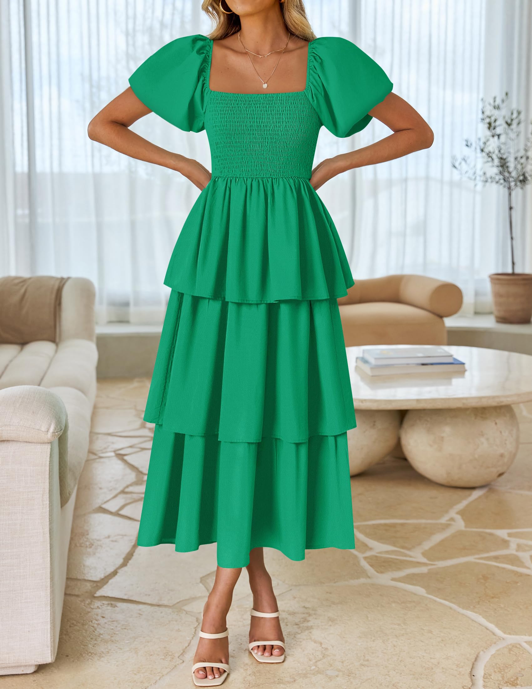 Foto 3 pulgar | Vestido Midi Zesica 2025 Summer Boho De Manga Corta Abullonada Para Mujer - Venta Internacional.
