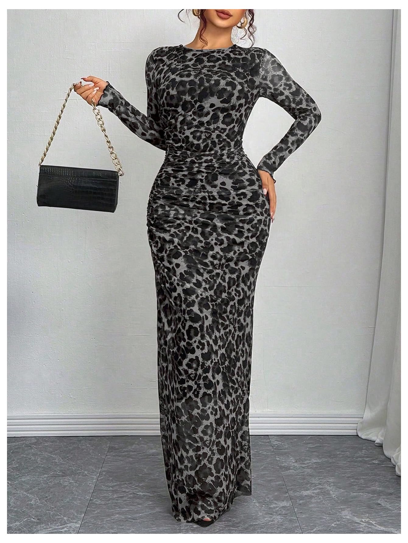 Foto 3 | Vestido Largo Con Estampado De Guepardo Verdusa, Fruncido, Manga Larga, Gris - Venta Internacional.
