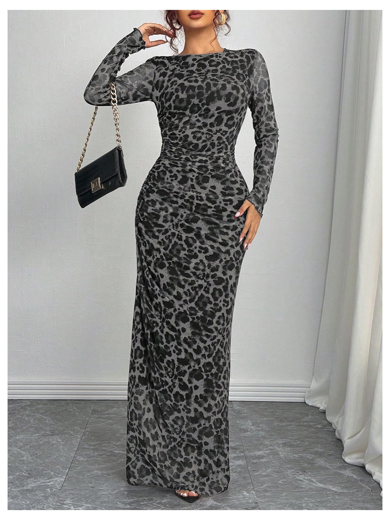 Foto 5 | Vestido Largo Con Estampado De Guepardo Verdusa, Fruncido, Manga Larga, Gris - Venta Internacional.