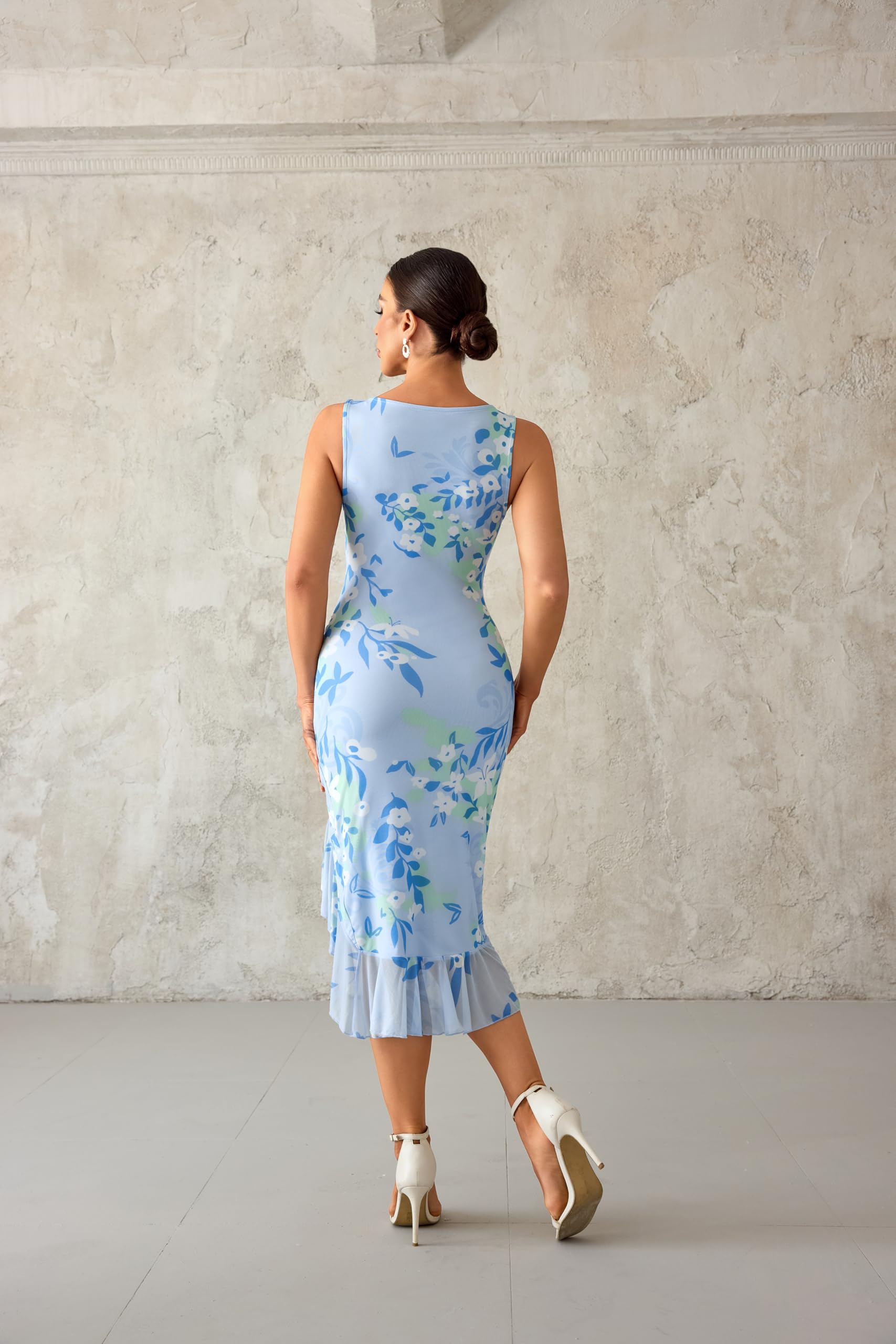 Foto 5 pulgar | Vestido Merokeety De Verano Para Mujer, Ajustado Con Estampado Floral, Azul, Malla, Midi - Venta Internacional.