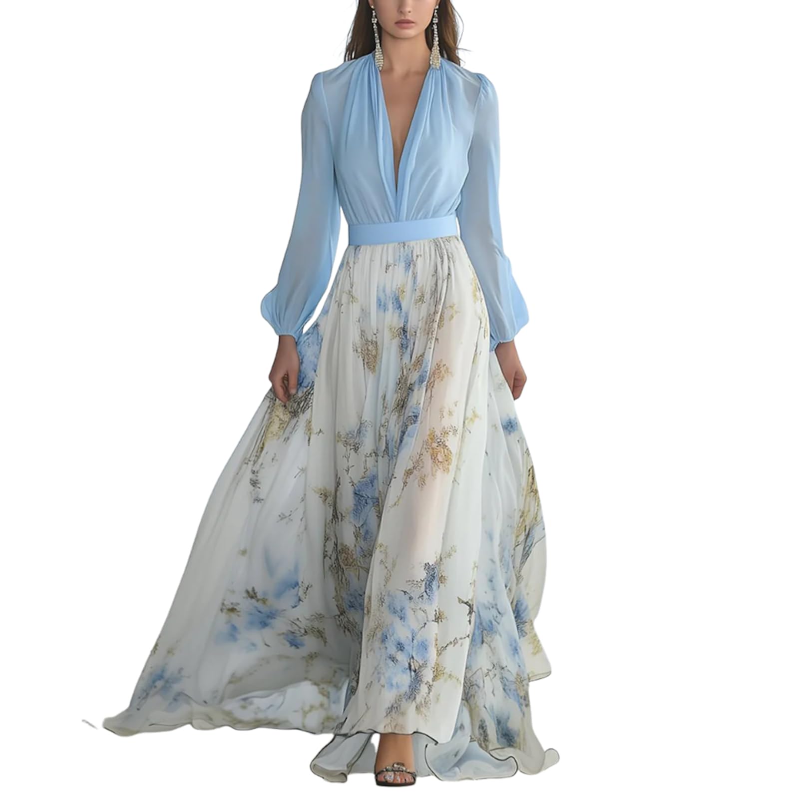 Vestido Largo Holgado Para Mujer, Holgado, Azul, Manga Larga, Cuello En V - Venta Internacional.