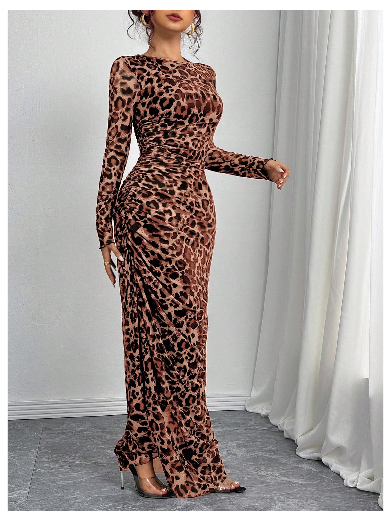 Foto 5 pulgar | Vestido Largo Con Estampado De Guepardo Verdusa, Manga Larga, Secoya - Venta Internacional.
