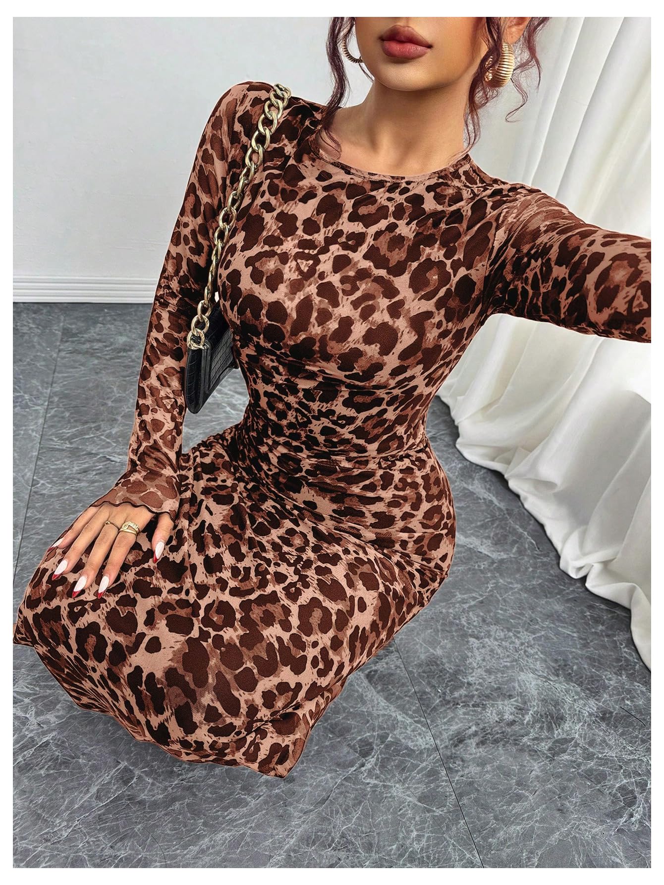 Foto 7 pulgar | Vestido Largo Con Estampado De Guepardo Verdusa, Manga Larga, Secoya - Venta Internacional.