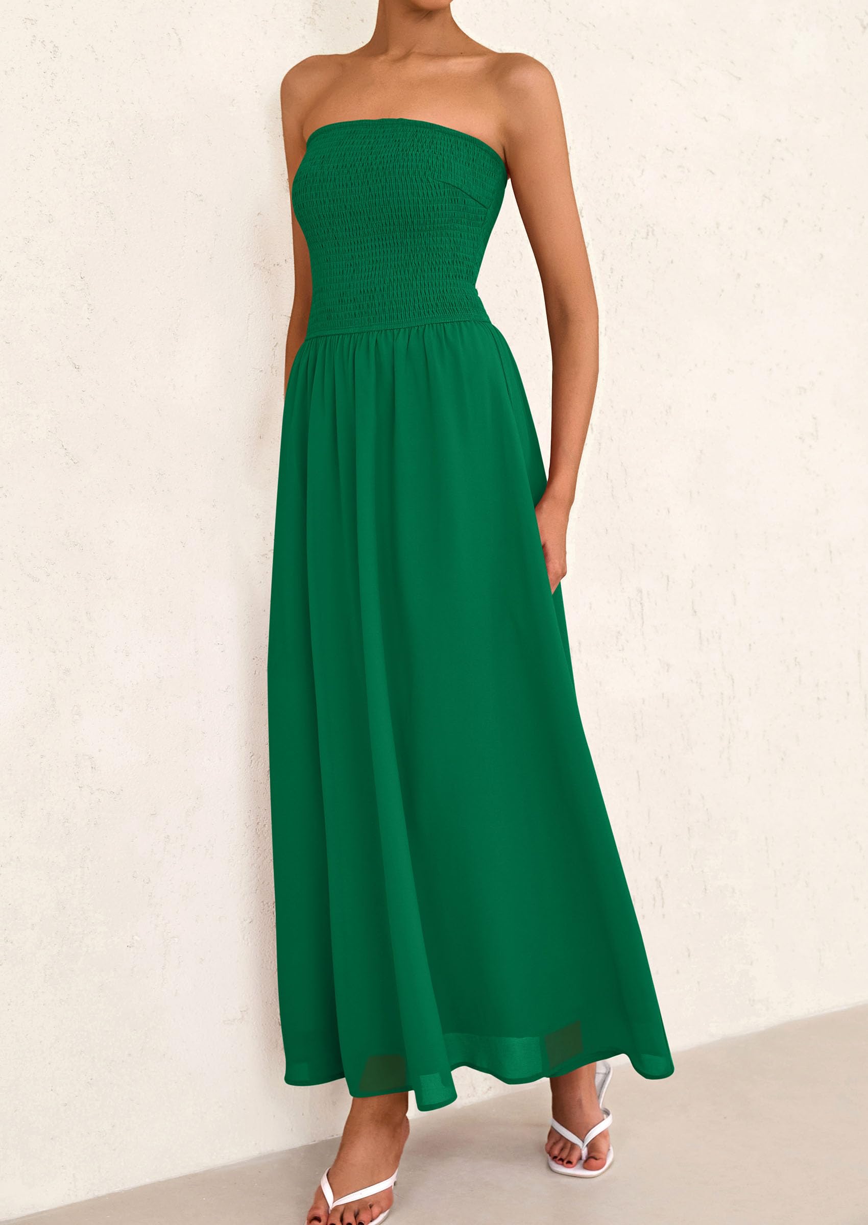 Foto 5 pulgar | Vestido De Invitada De Boda Prettygarden Tube Top Maxi Verde Oscuro - Venta Internacional.