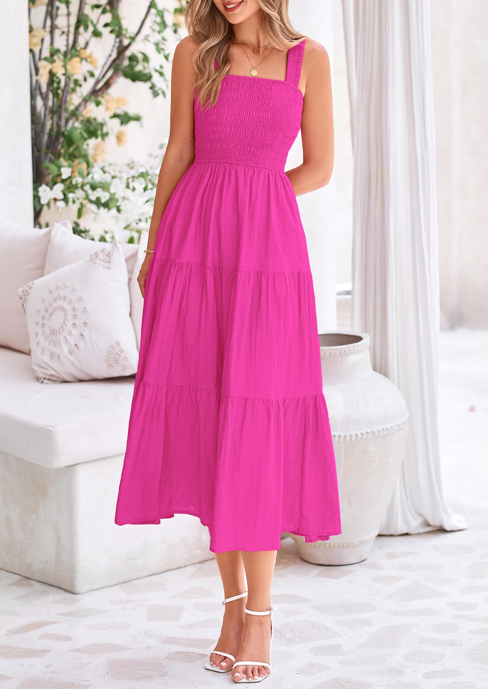 Foto 4 pulgar | Vestido Prettygarden Para Mujer, Midi, Fruncido, De Verano, Rosa Y Rojo, Xxl - Venta Internacional.
