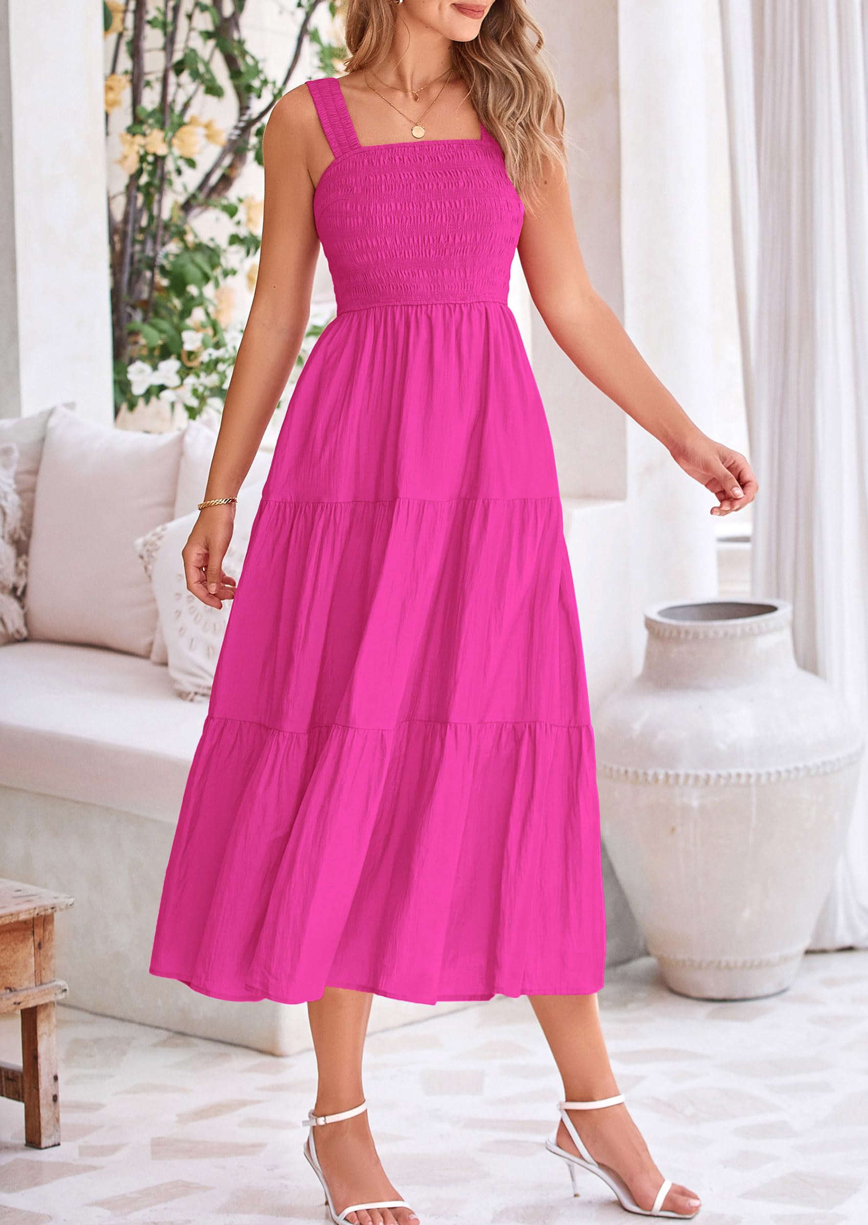 Foto 5 pulgar | Vestido Prettygarden Para Mujer, Midi, Fruncido, De Verano, Rosa Y Rojo, Xxl - Venta Internacional.