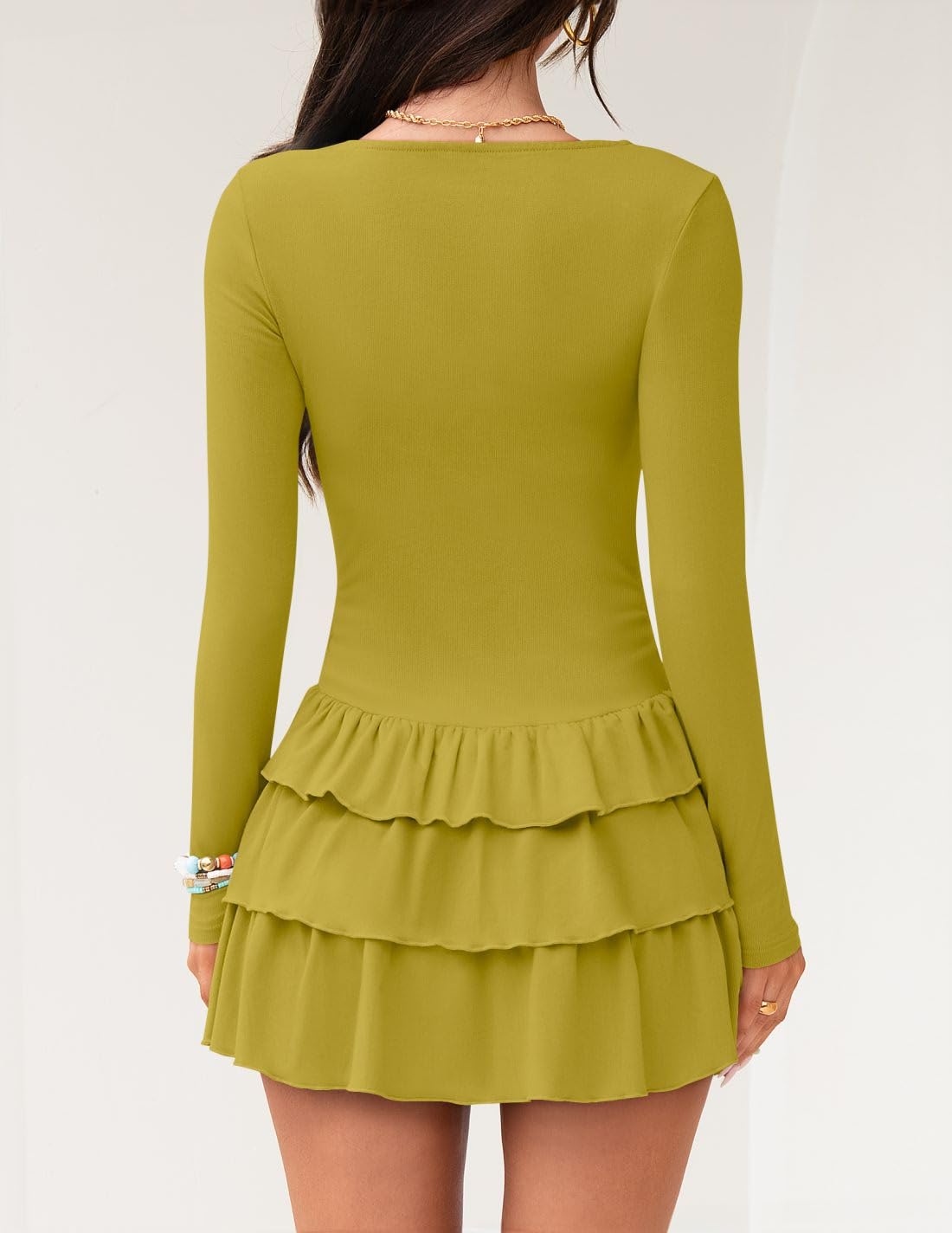 Foto 5 pulgar | Minivestido Zesica De Manga Larga De Punto Acanalado Con Volantes Para Mujer - Venta Internacional.