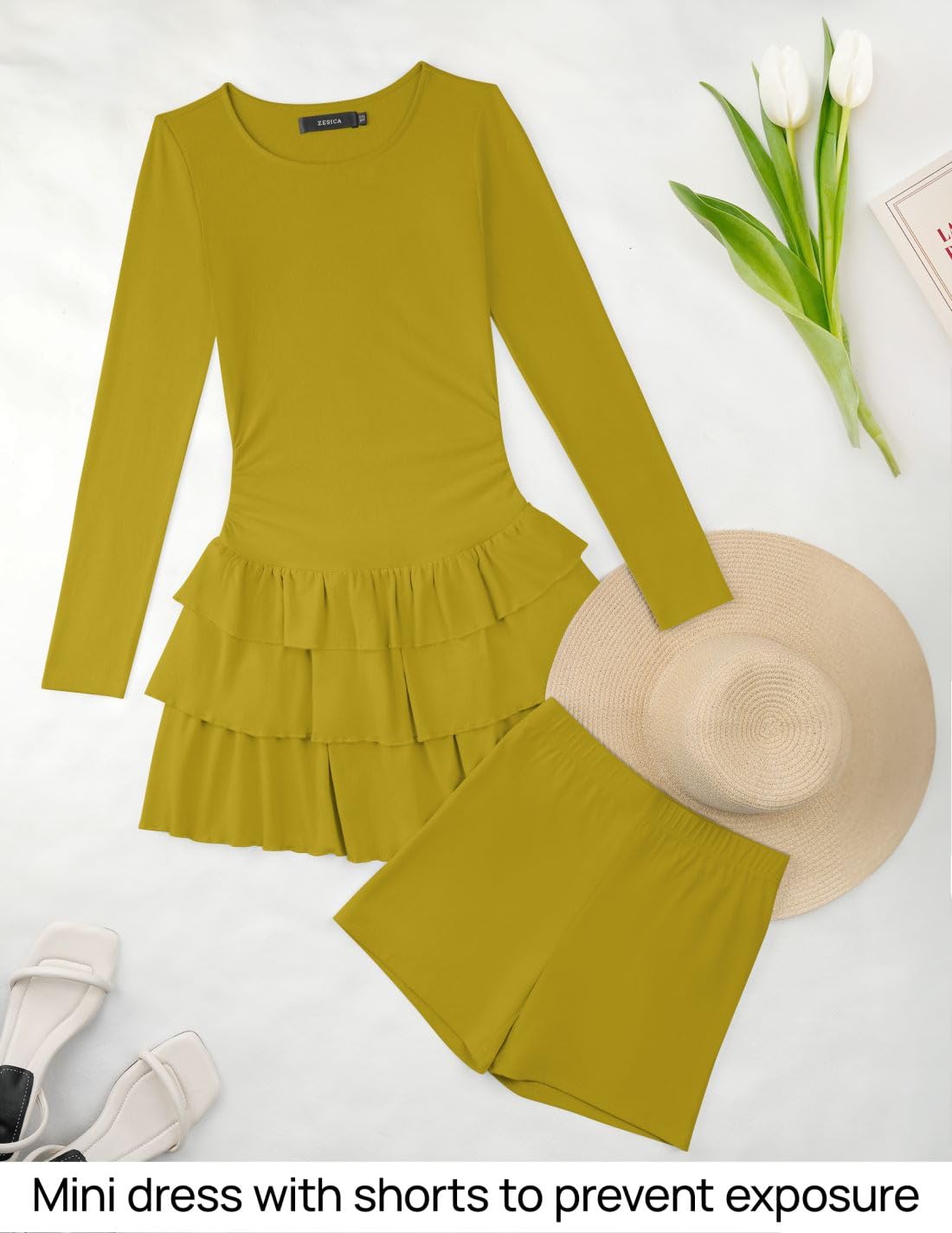 Foto 6 | Minivestido Zesica De Manga Larga De Punto Acanalado Con Volantes Para Mujer - Venta Internacional.