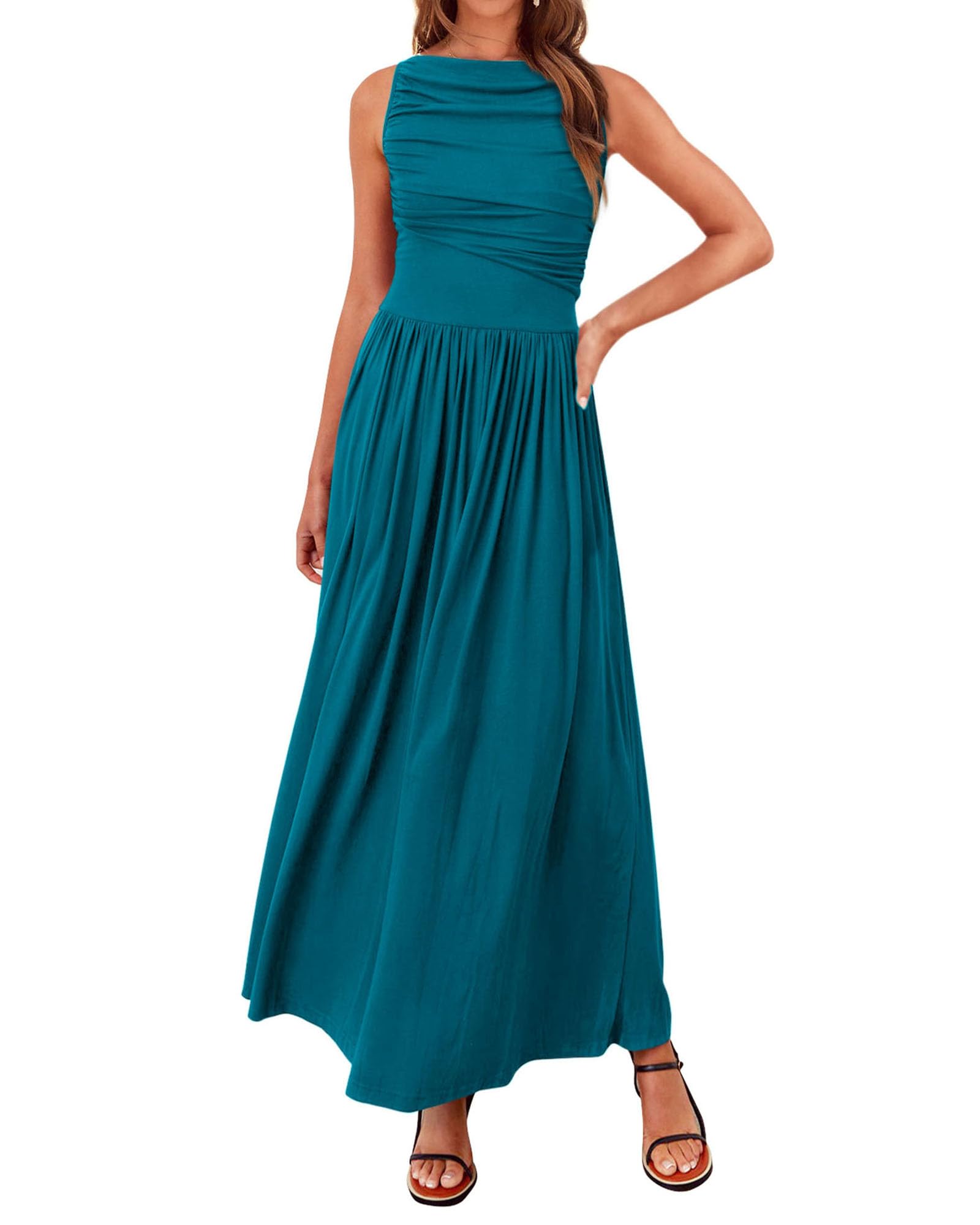 Vestido Largo Btfbm Para Mujer 2025, Verano, Cuello Barco Fruncido, Azul S - Venta Internacional.