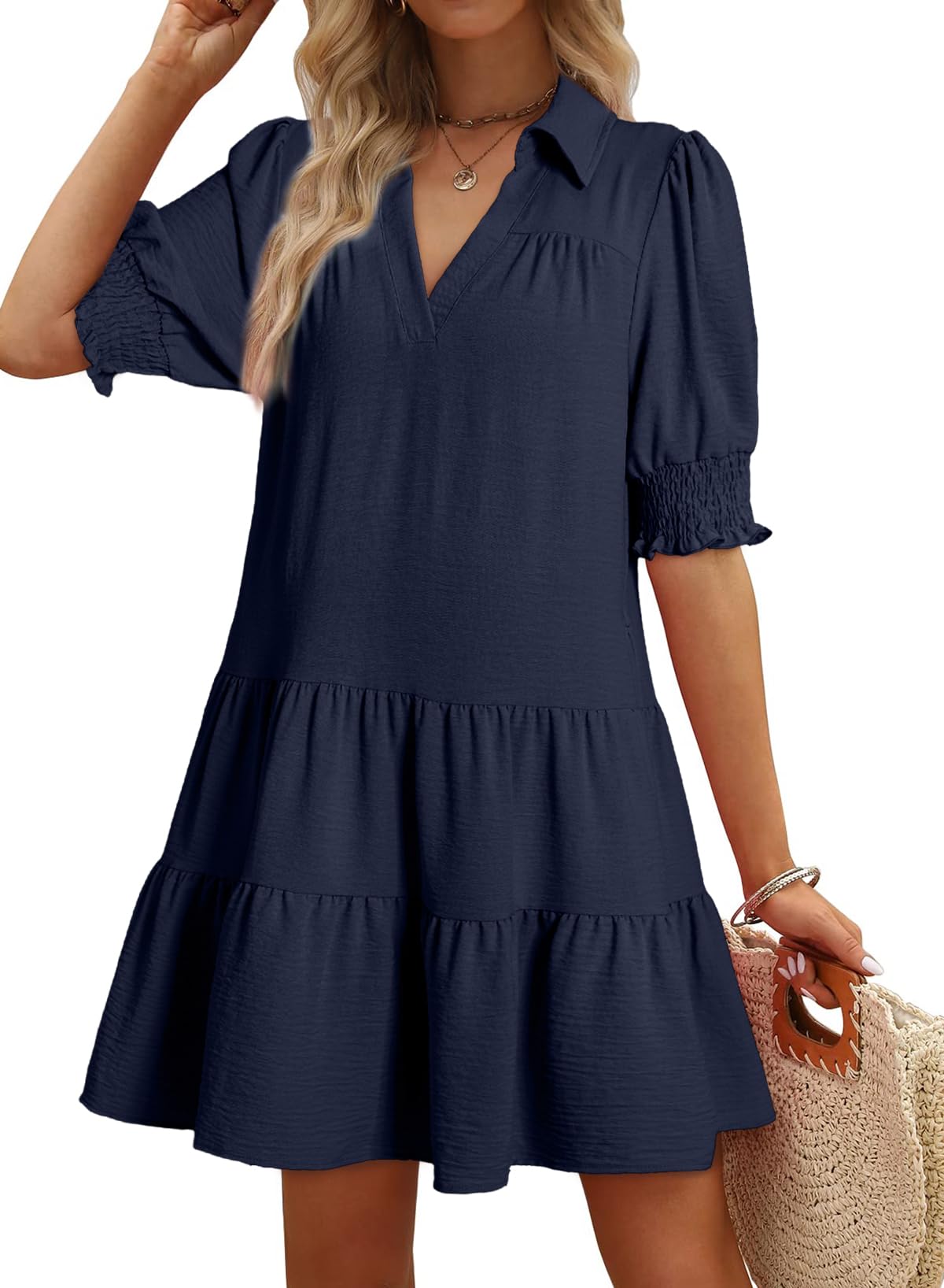 Foto 1 | Vestido De Verano Dokotoo Con Cuello En V Y Cuello En V, Manga Media, Azul Marino - Venta Internacional.