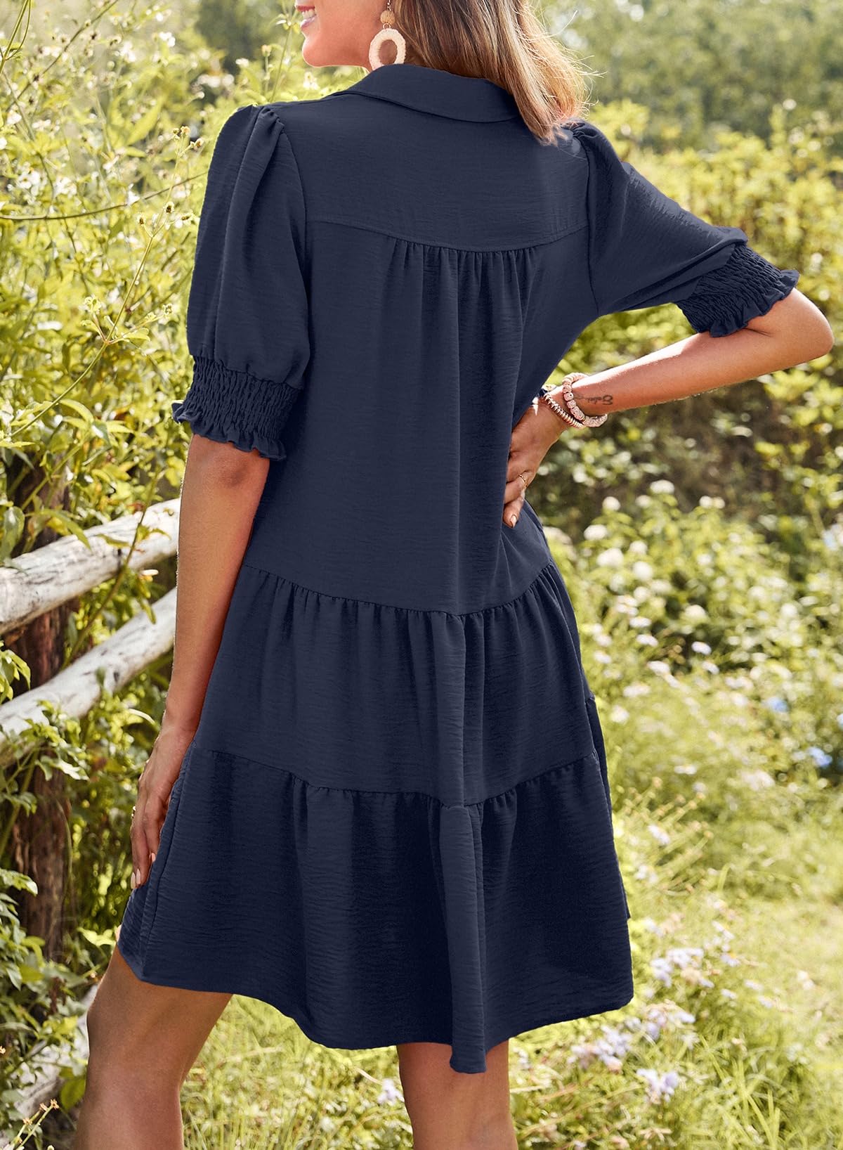 Foto 4 pulgar | Vestido De Verano Dokotoo Con Cuello En V Y Cuello En V, Manga Media, Azul Marino - Venta Internacional.