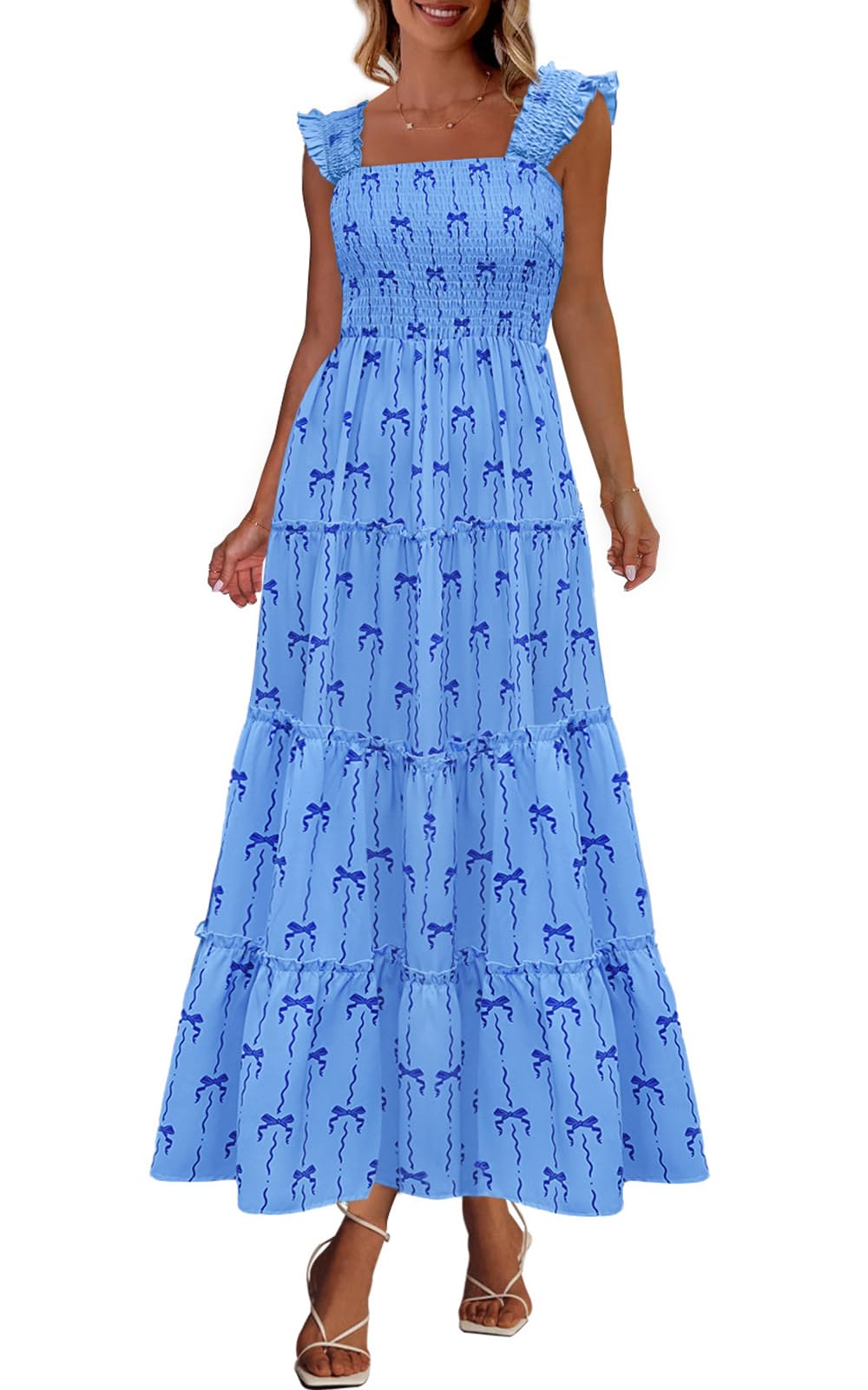 Vestido Prettygarden, Parte Superior Fruncida, Con Volantes, Maxi Azul, Para Mujer - Venta Internacional.
