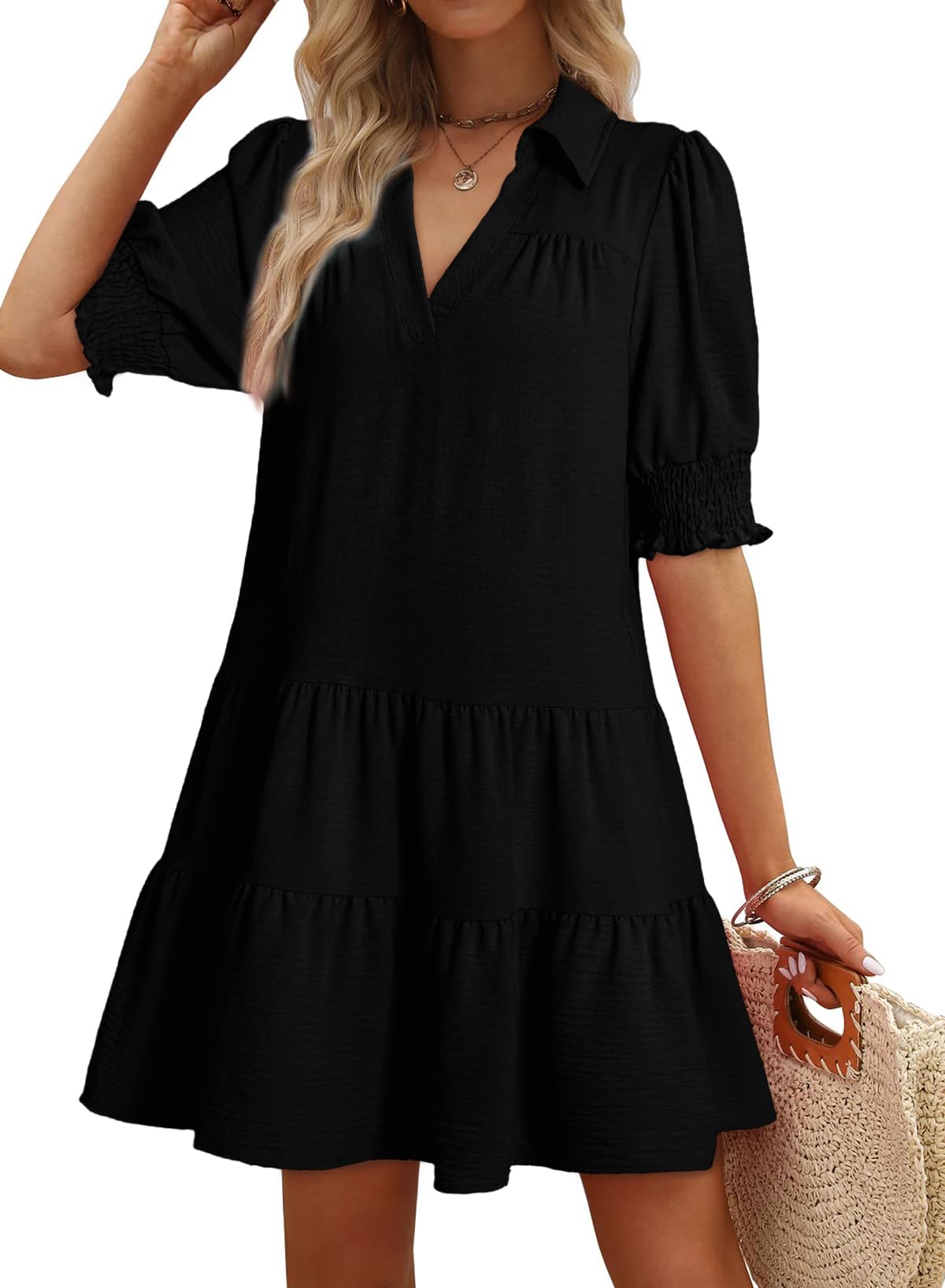 Foto 2 pulgar | Vestido Dokotoo Con Cuello En V Y Cuello En V, Manga Media, Verano, Negro - Venta Internacional.