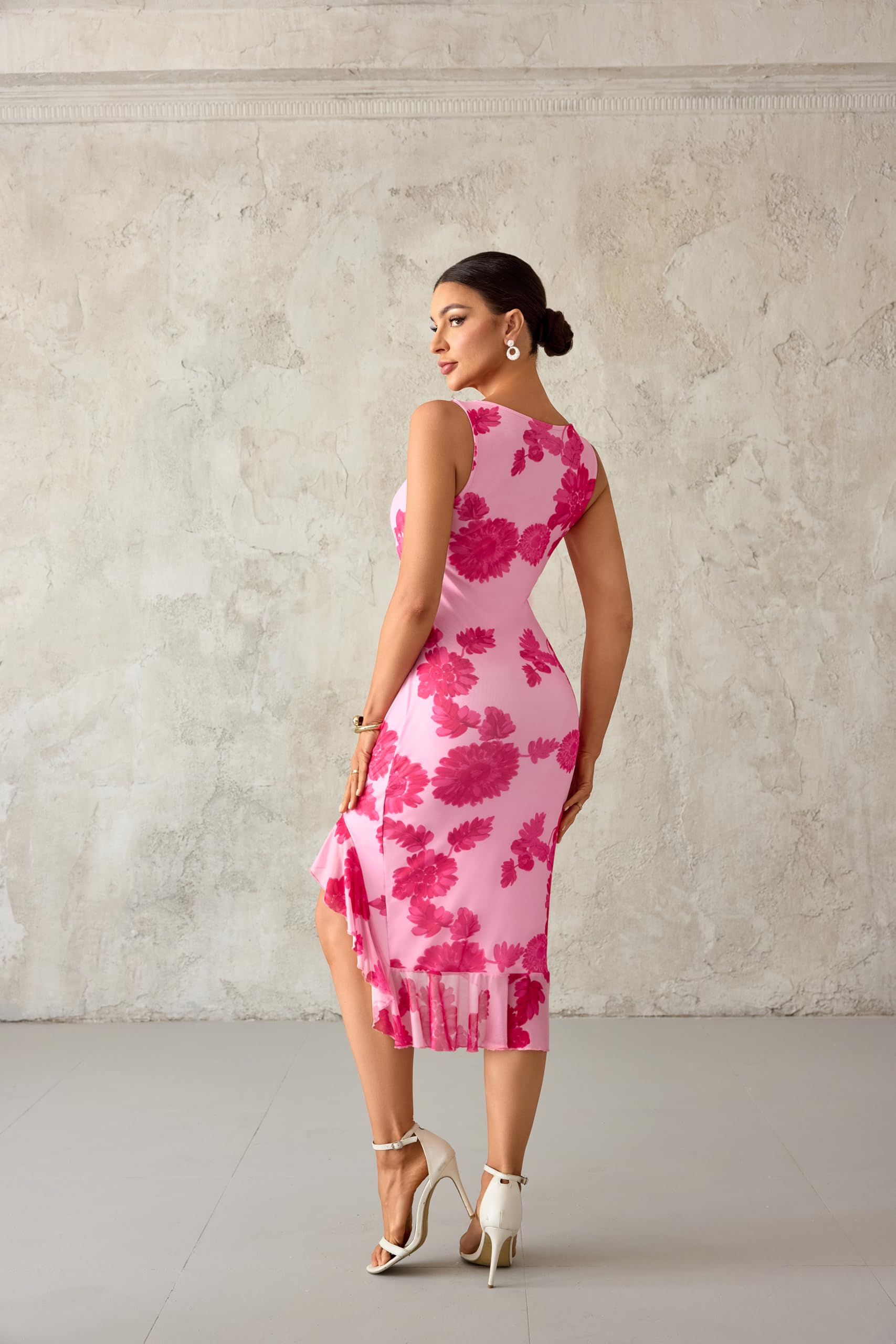 Foto 5 pulgar | Vestido Merokeety Ajustado Floral De Verano Para Mujer, Color Rosa Oscuro, Talla L - Venta Internacional.