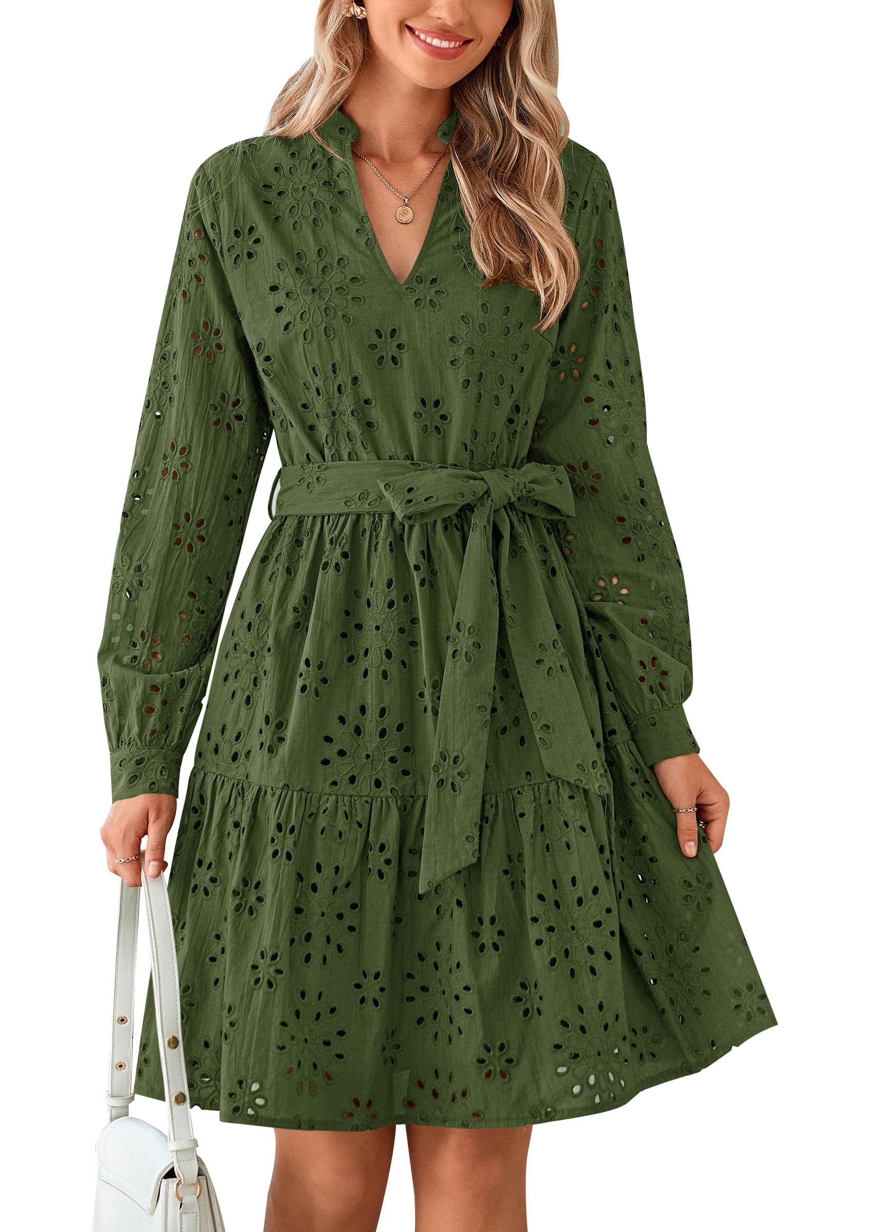 Vestido Prettygarden Para Mujer, Manga Larga, Cuello En V, Línea A, Verde - Venta Internacional.