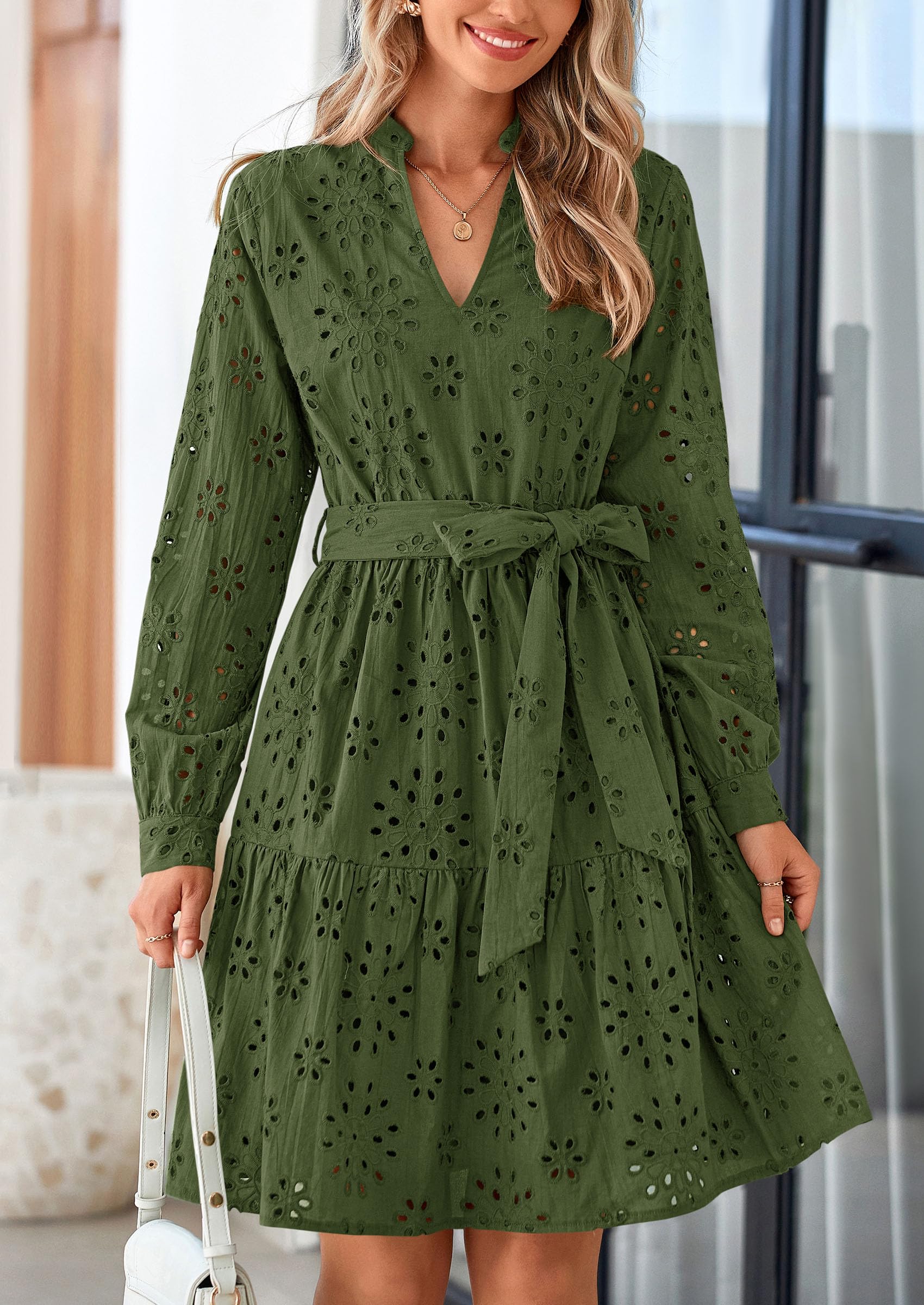 Foto 4 pulgar | Vestido Prettygarden Para Mujer, Manga Larga, Cuello En V, Línea A, Verde - Venta Internacional.