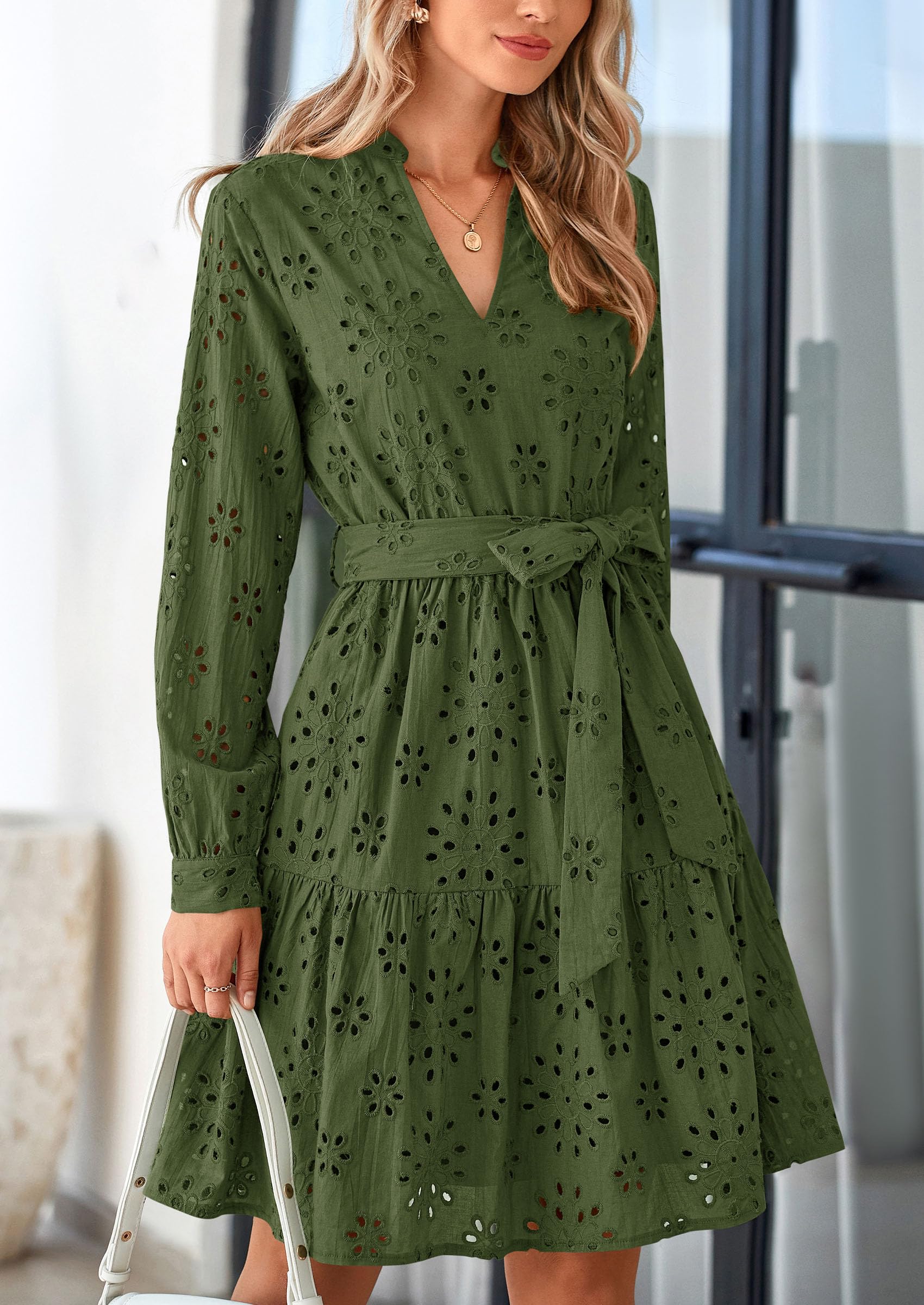 Foto 6 pulgar | Vestido Prettygarden Para Mujer, Manga Larga, Cuello En V, Línea A, Verde - Venta Internacional.