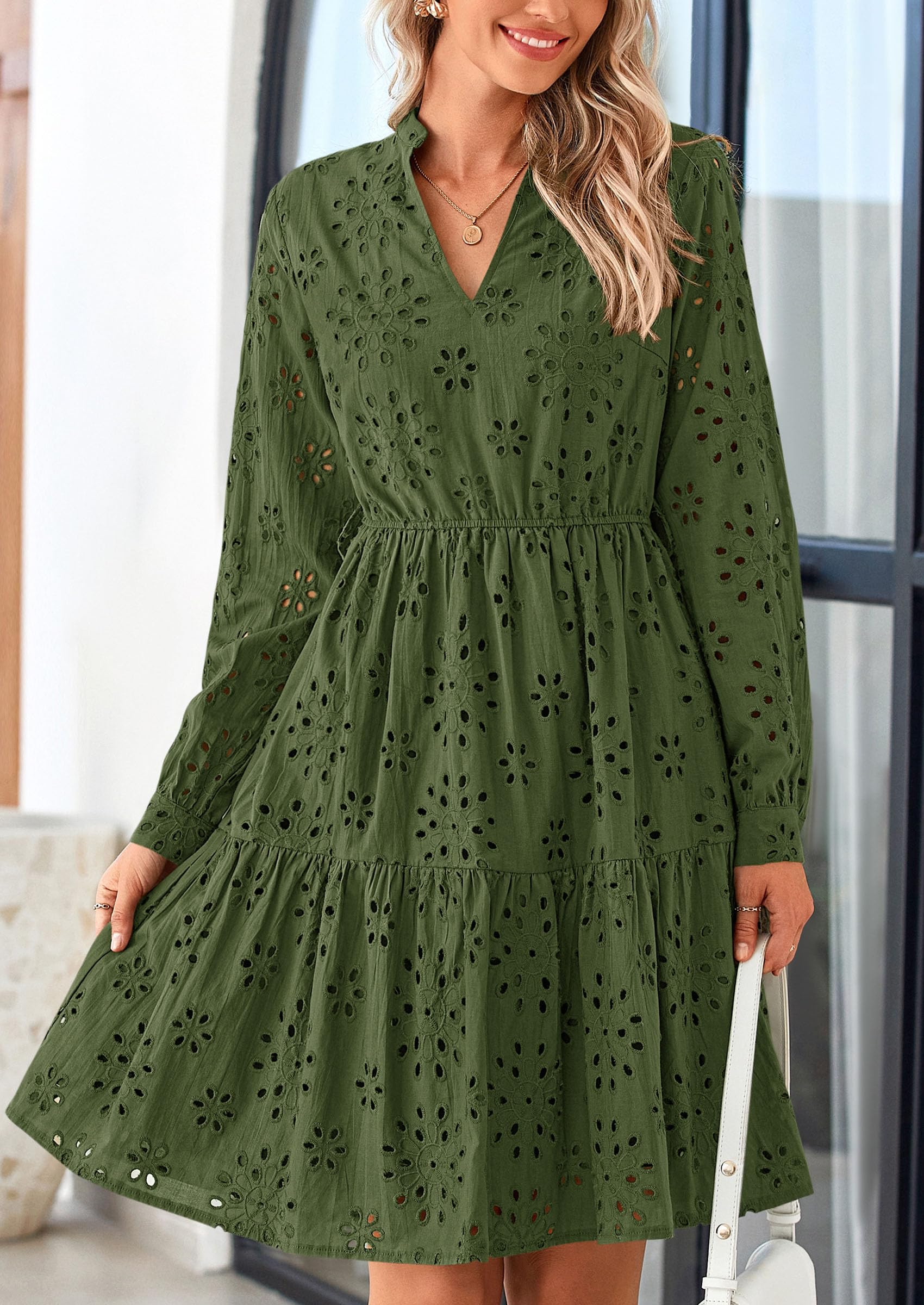 Foto 7 | Vestido Prettygarden Para Mujer, Manga Larga, Cuello En V, Línea A, Verde - Venta Internacional.