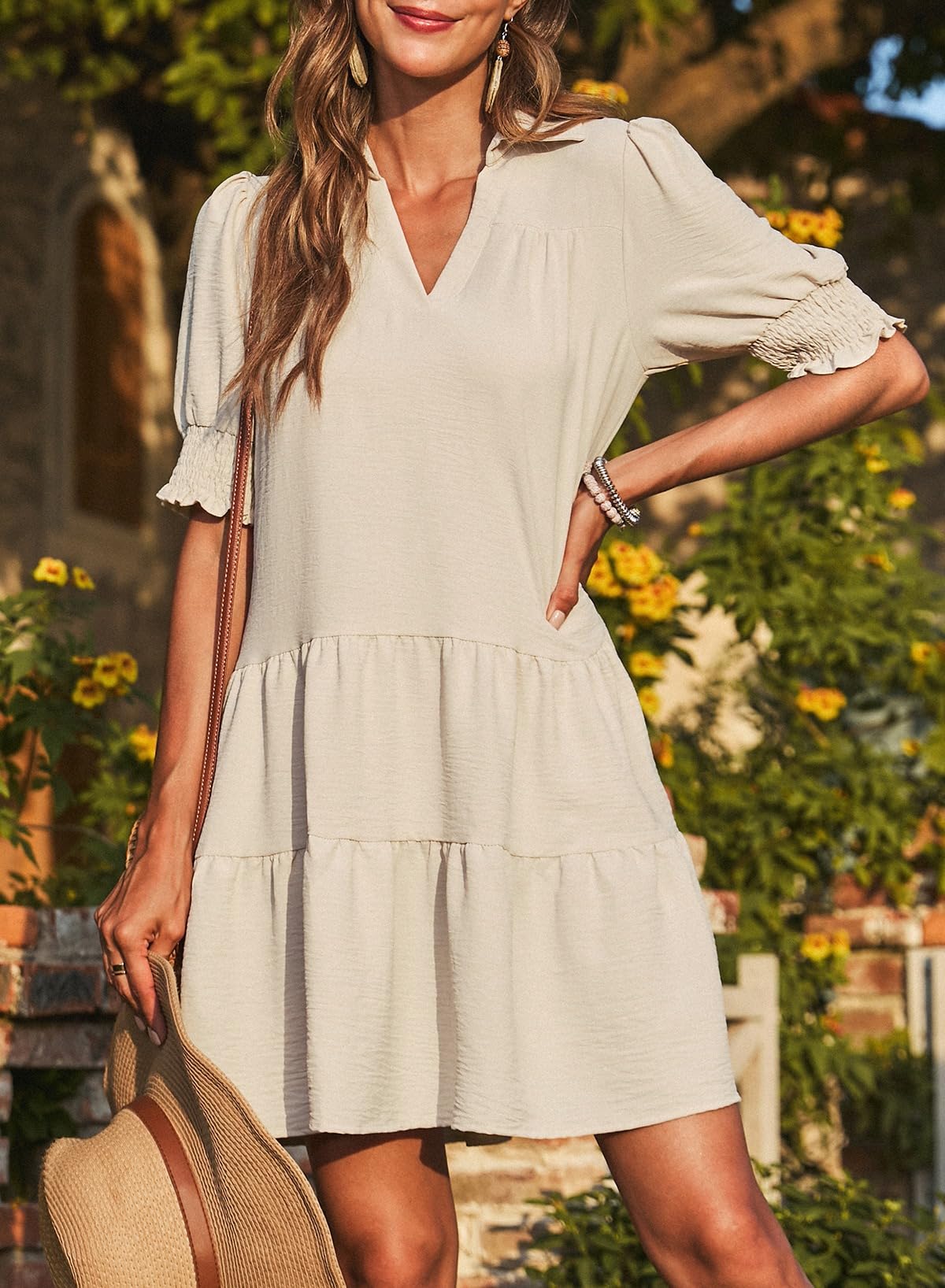 Foto 4 pulgar | Vestido De Verano Dokotoo, Talla Grande, Cuello En V, Cuello En V, Beige - Venta Internacional.