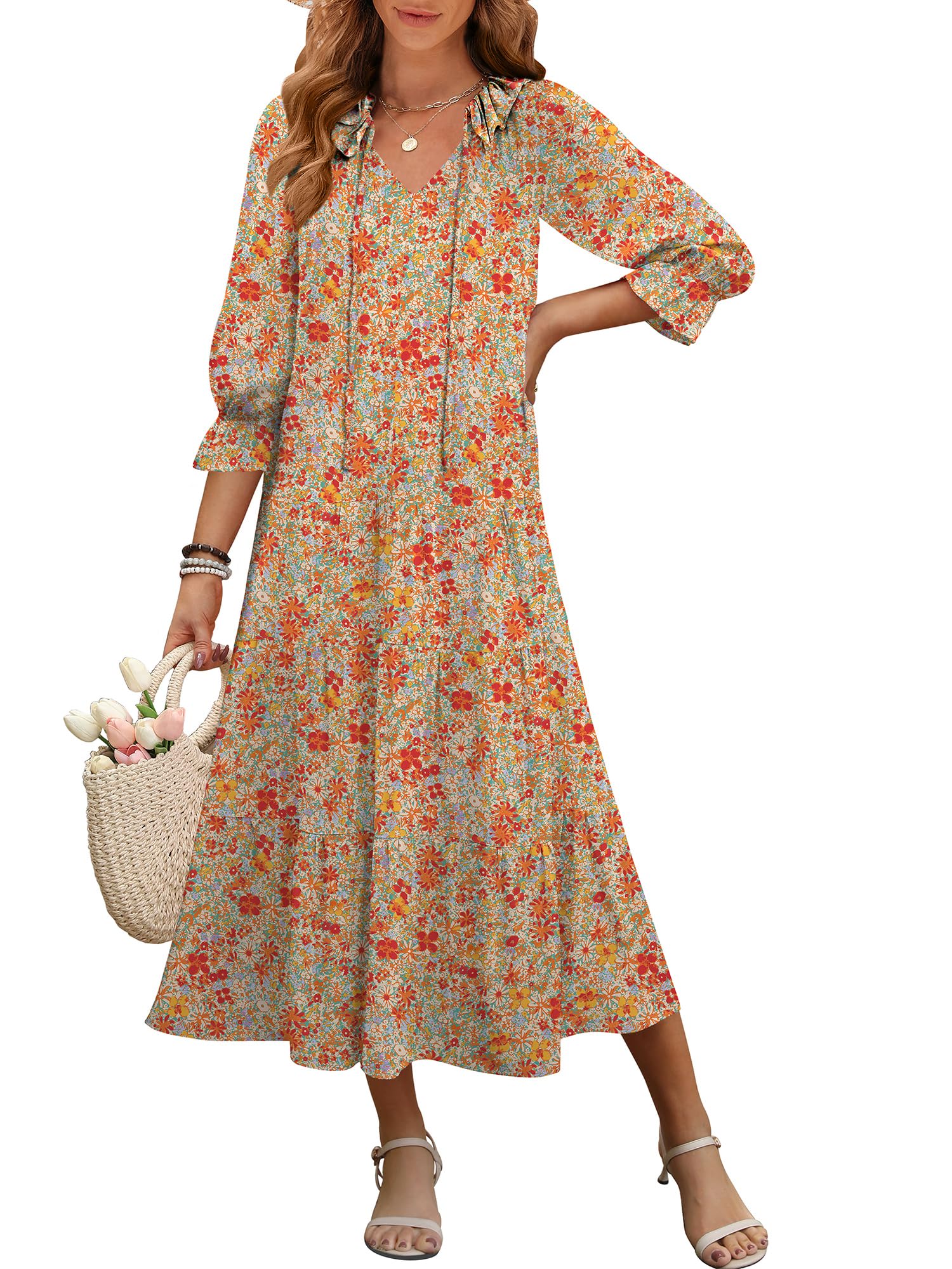 Foto 2 pulgar | Vestido Largo Anrabess De Verano Con Estampado Floral Y Cuello En V Y Manga Abullonada Para Mujer - Venta Internacional.