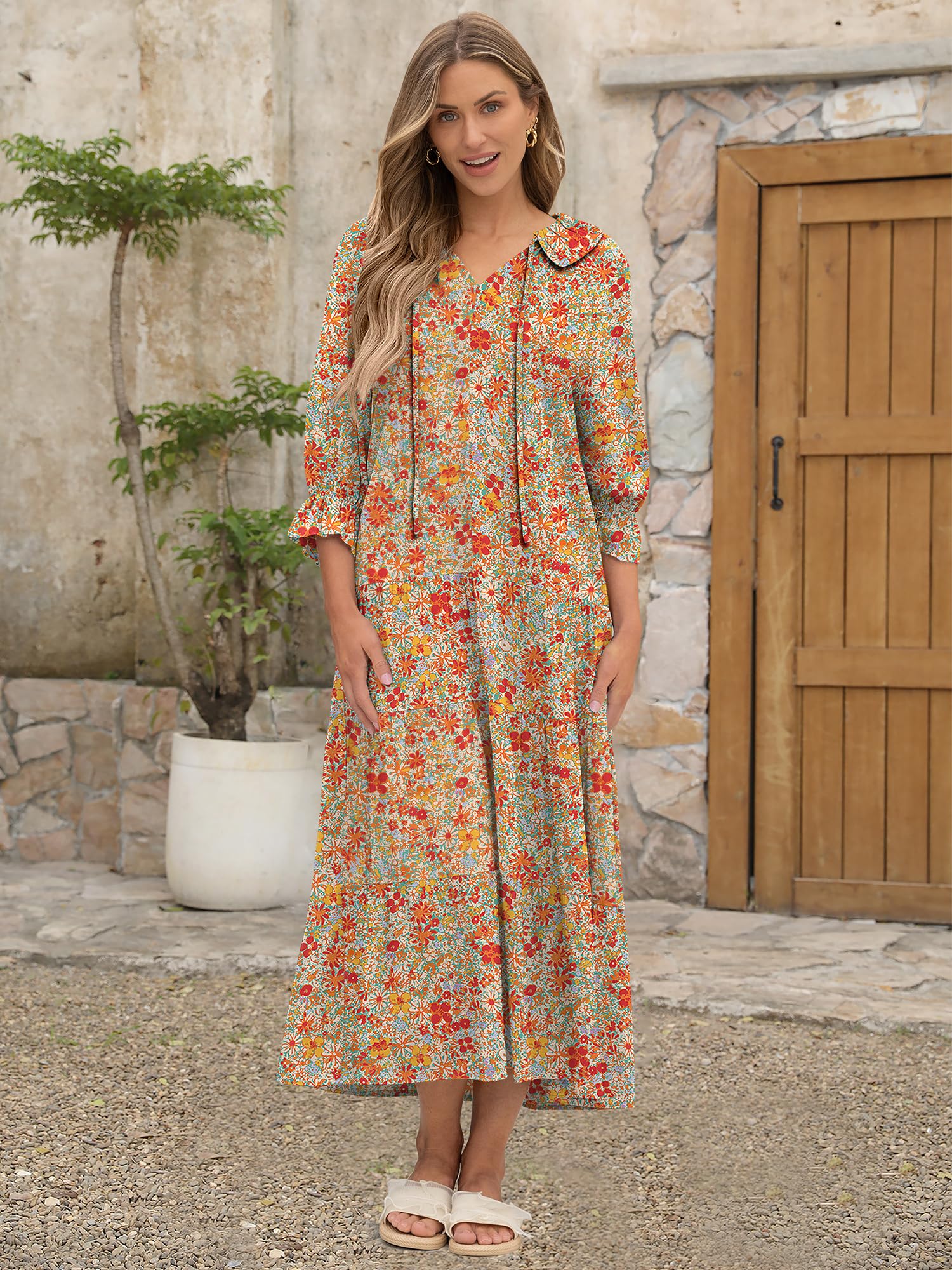 Foto 3 pulgar | Vestido Largo Anrabess De Verano Con Estampado Floral Y Cuello En V Y Manga Abullonada Para Mujer - Venta Internacional.