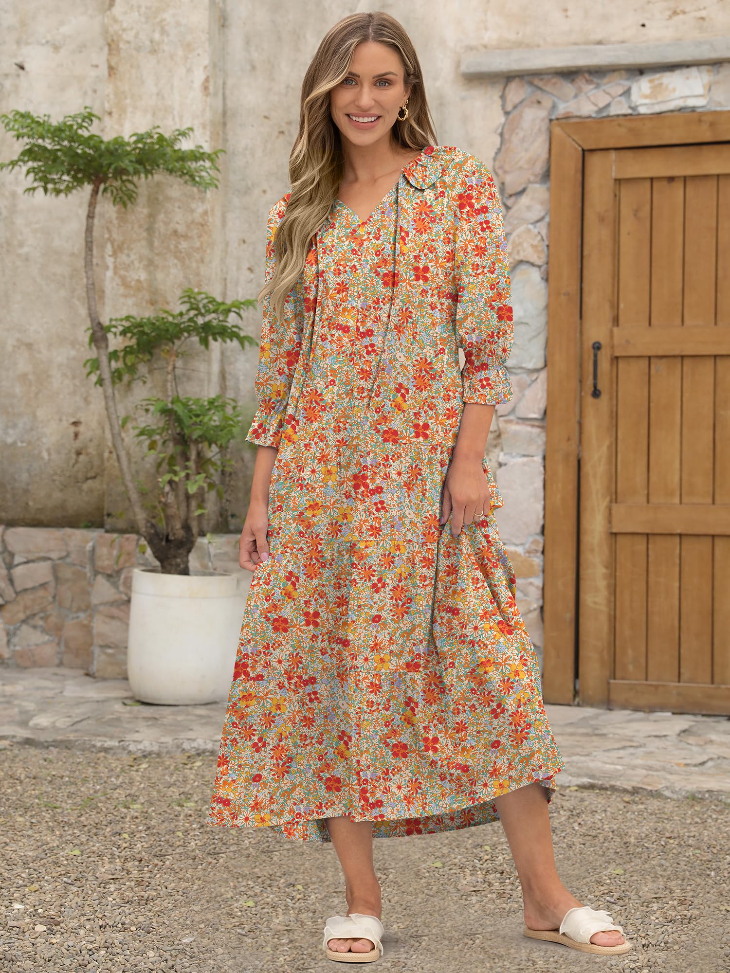 Foto 5 pulgar | Vestido Largo Anrabess De Verano Con Estampado Floral Y Cuello En V Y Manga Abullonada Para Mujer - Venta Internacional.