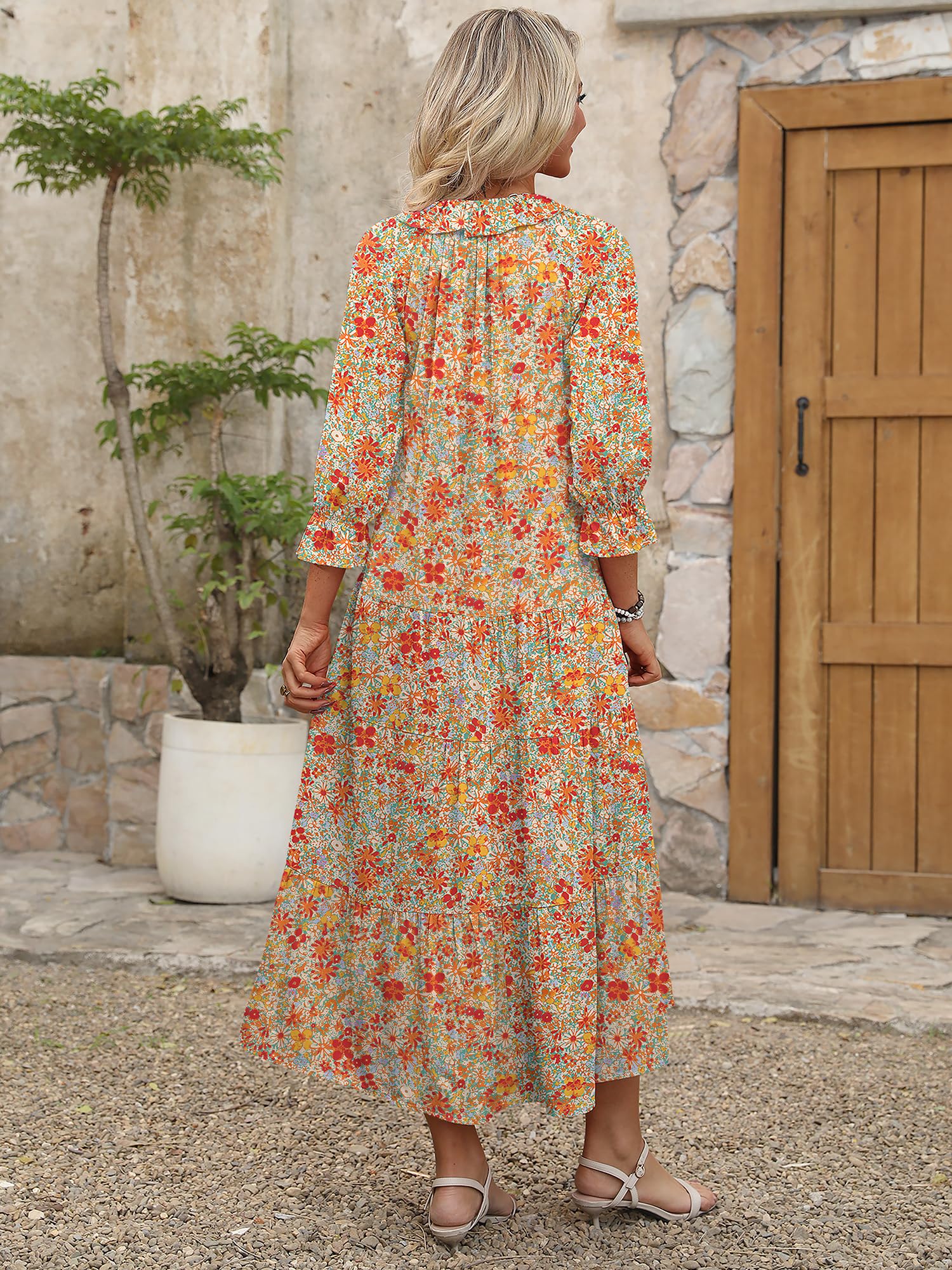Foto 6 pulgar | Vestido Largo Anrabess De Verano Con Estampado Floral Y Cuello En V Y Manga Abullonada Para Mujer - Venta Internacional.