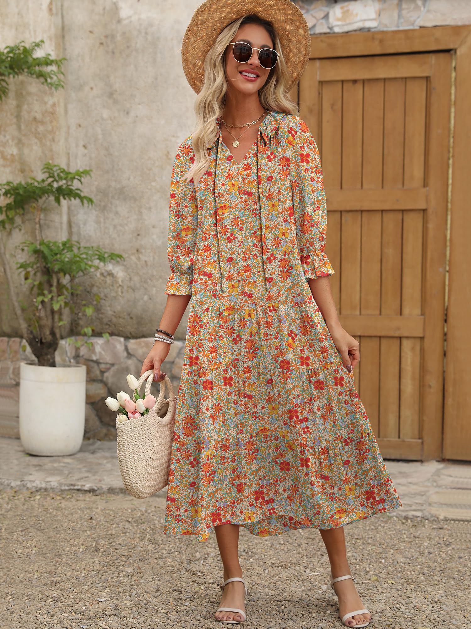 Foto 7 pulgar | Vestido Largo Anrabess De Verano Con Estampado Floral Y Cuello En V Y Manga Abullonada Para Mujer - Venta Internacional.