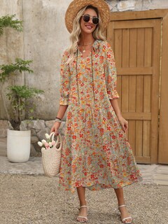 Foto 6 | Vestido Largo Anrabess De Verano Con Estampado Floral Y Cuello En V Y Manga Abullonada Para Mujer - Venta Internacional.