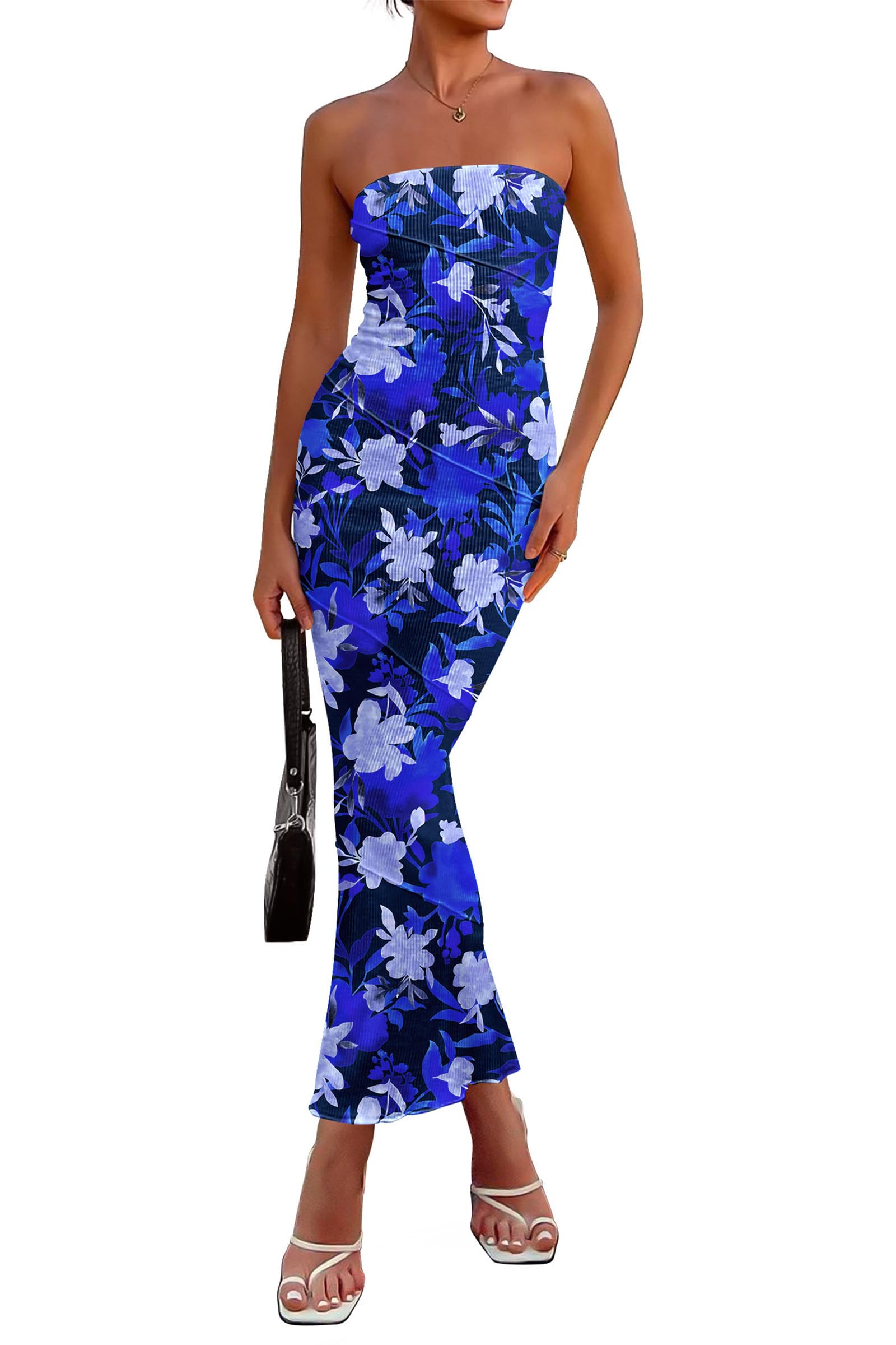 Foto 2 pulgar | Vestido Largo Prettygarden 2025 Con Estampado Floral Azul Acanalado Para Mujer - Venta Internacional.