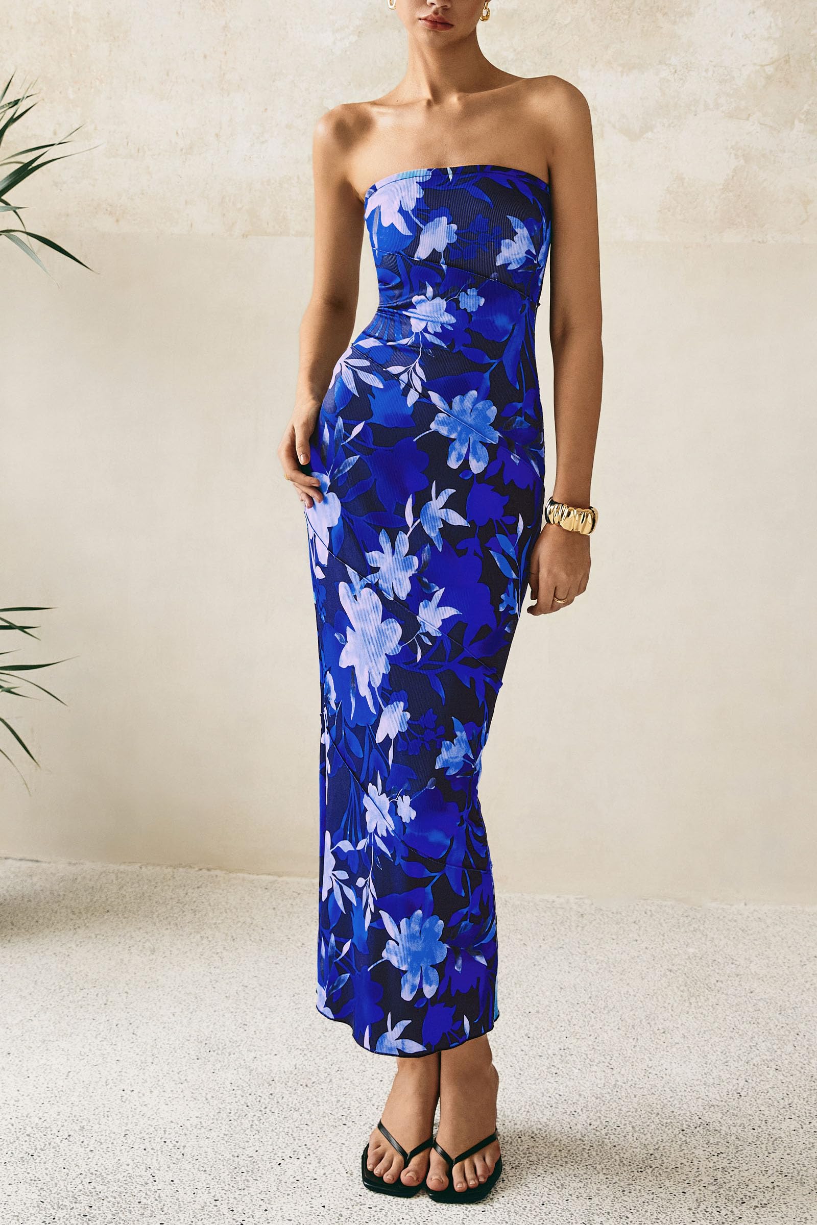 Foto 6 pulgar | Vestido Largo Prettygarden 2025 Con Estampado Floral Azul Acanalado Para Mujer - Venta Internacional.