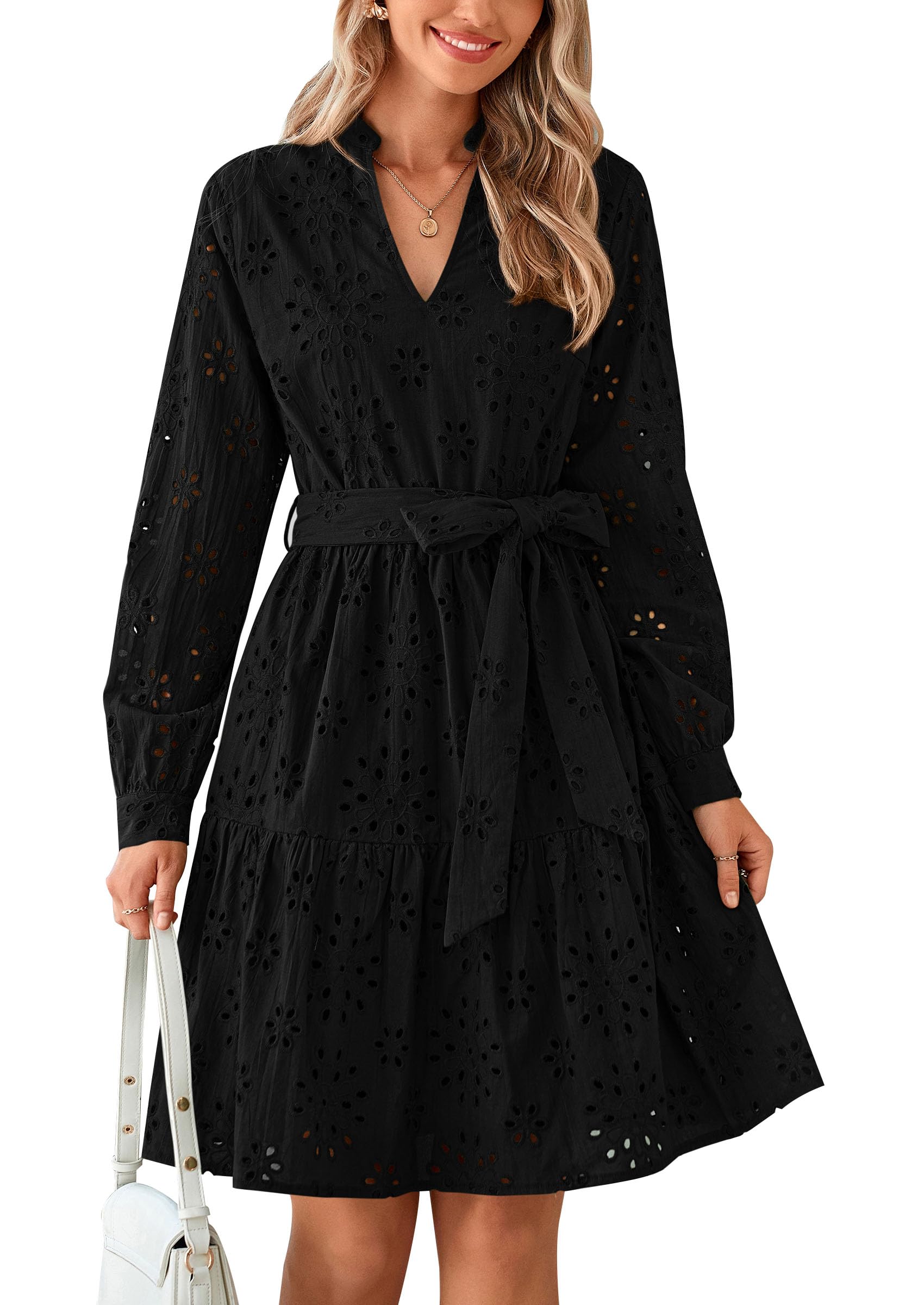 Foto 2 pulgar | Vestido Prettygarden Para Mujer, Manga Larga, Cuello En V, Línea A, Negro - Venta Internacional.